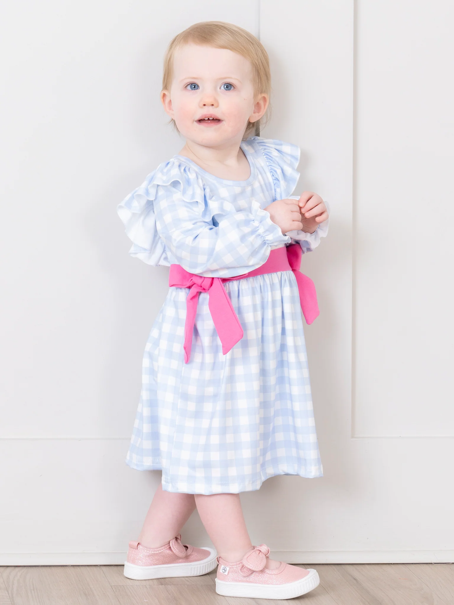 Light Blue Plaid Embroidered Rocking Horse Dress - Image 3