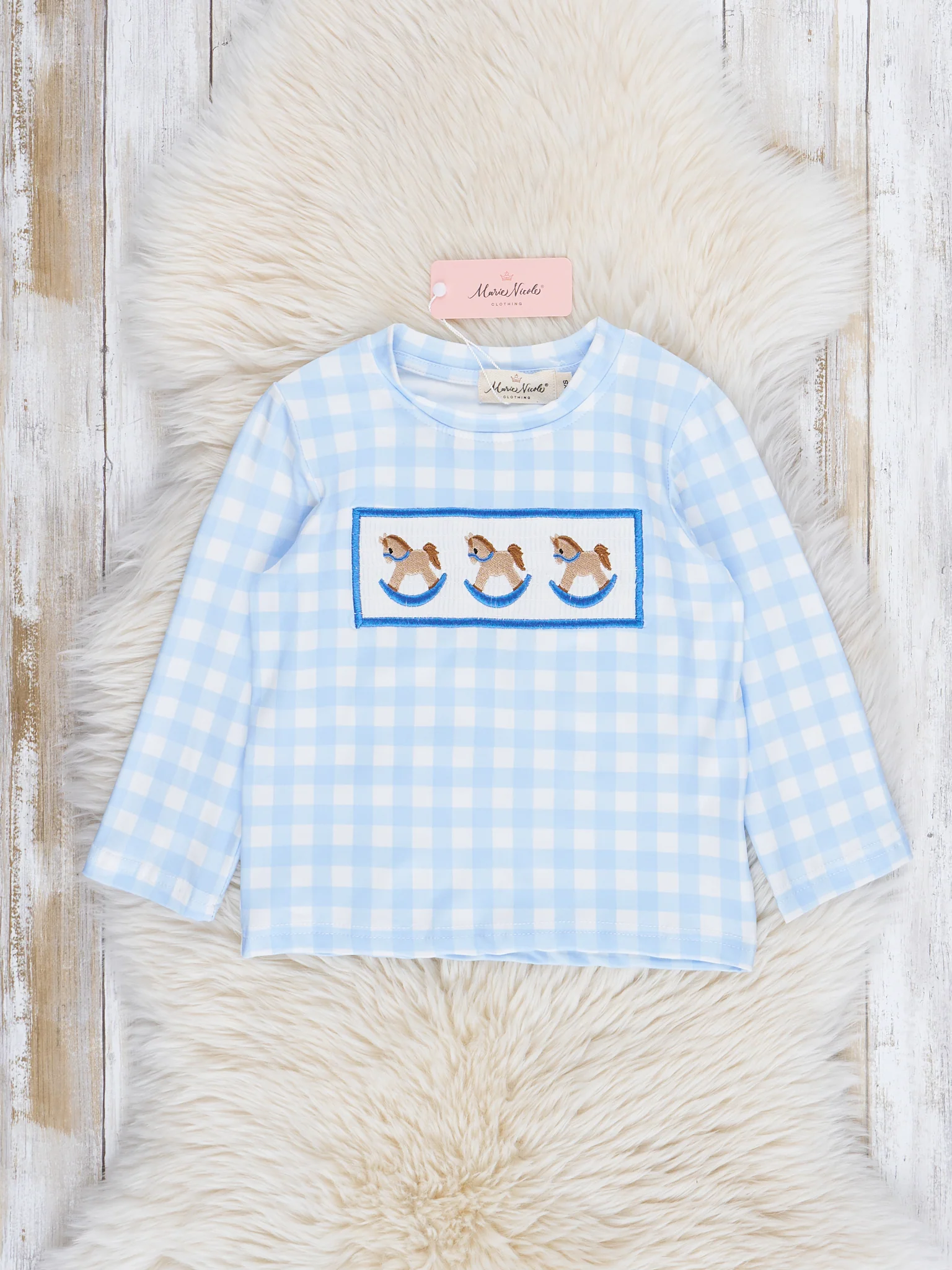 Light Blue Plaid Embroidered Rocking Horse Shirt