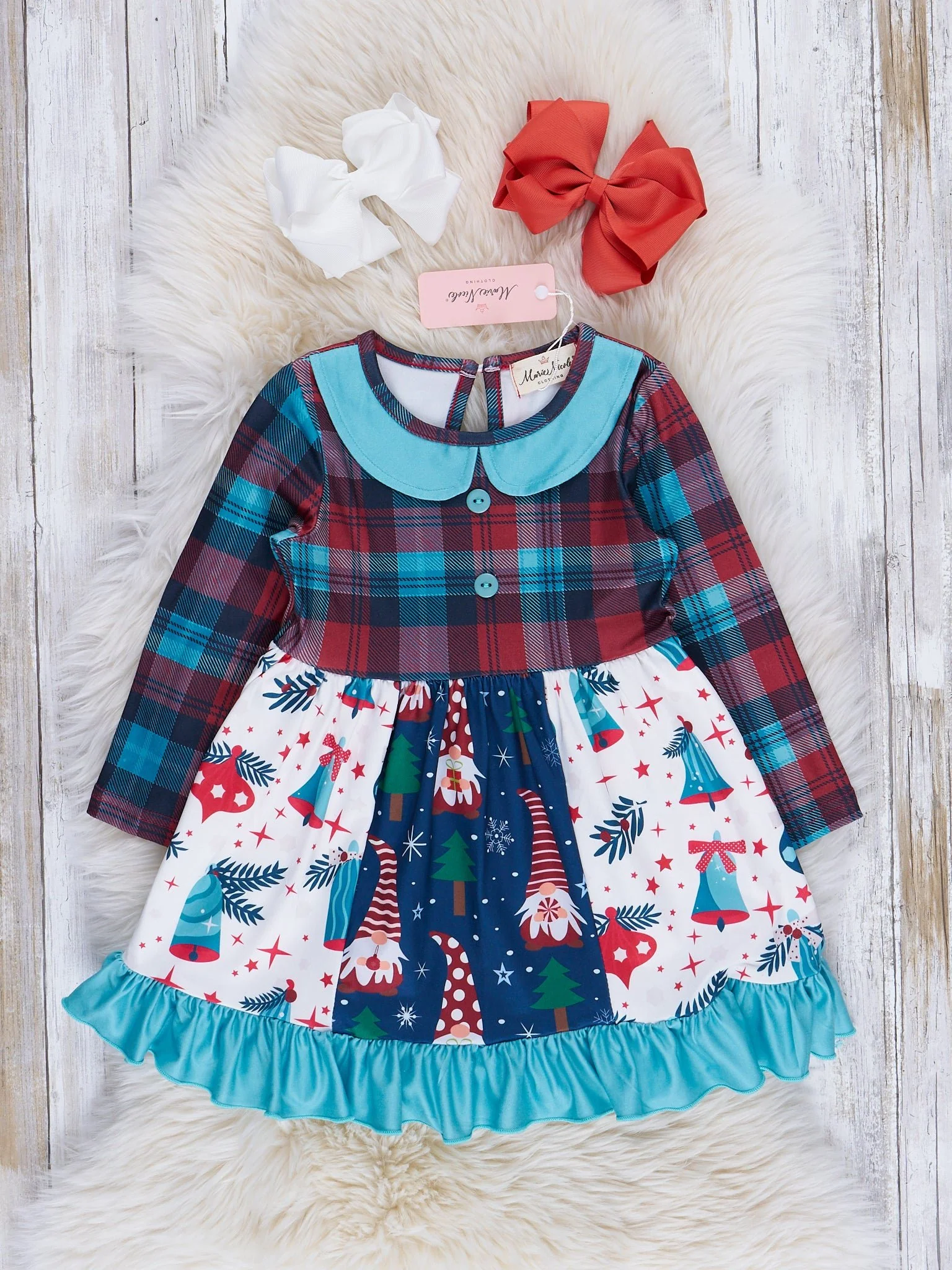 Light Blue & Red Plaid Holiday Ruffle Dress