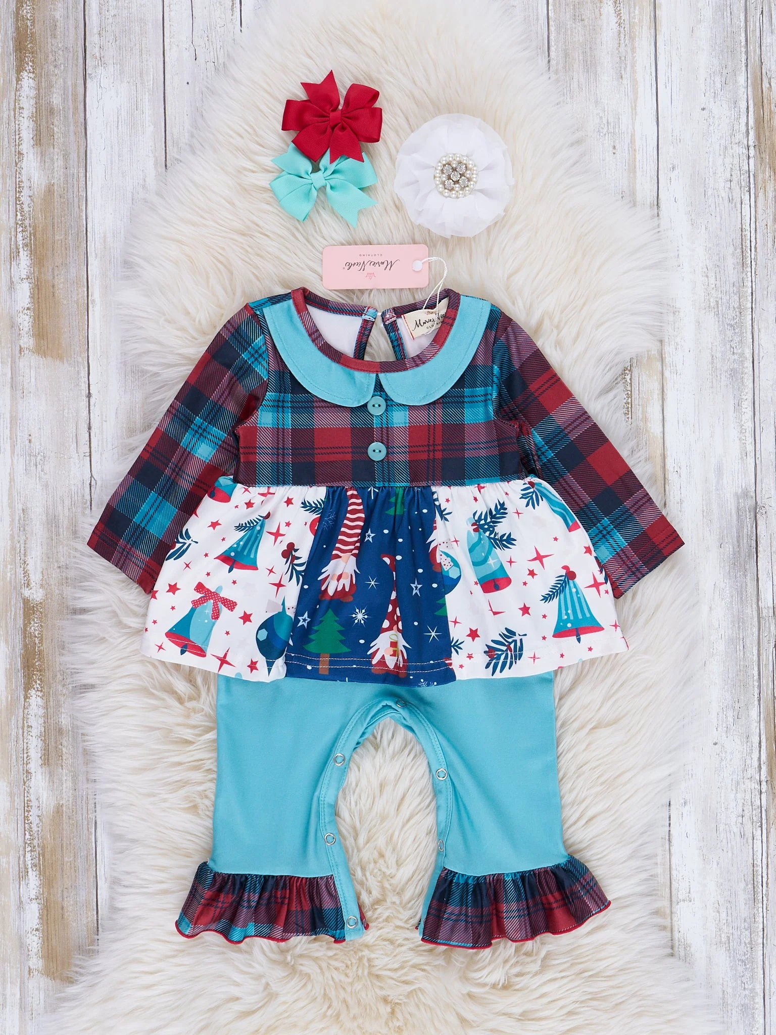 Light Blue & Red Plaid Holiday Ruffle Romper