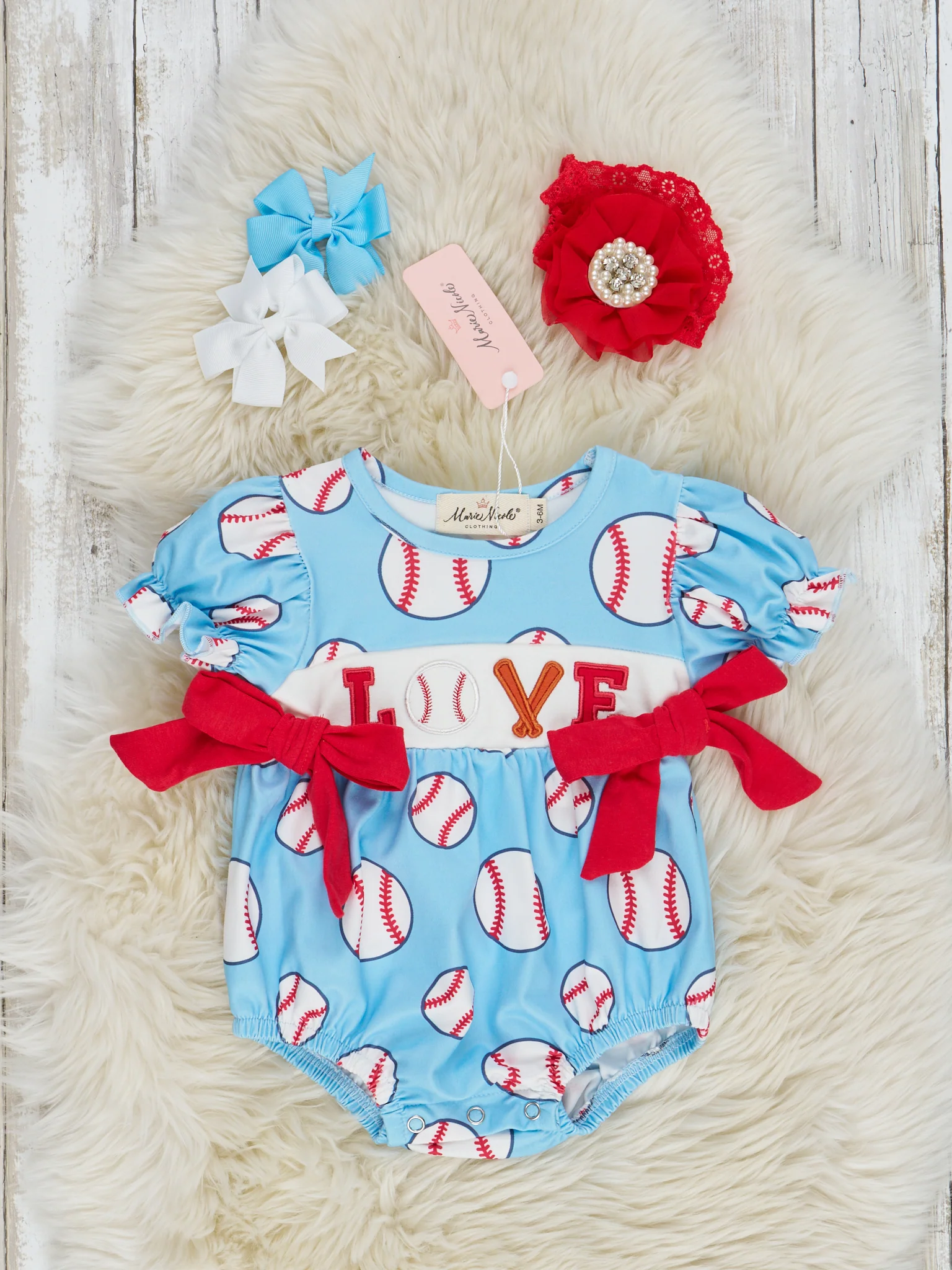Light Blue & Ruby Bow Smocked Baseball Romper