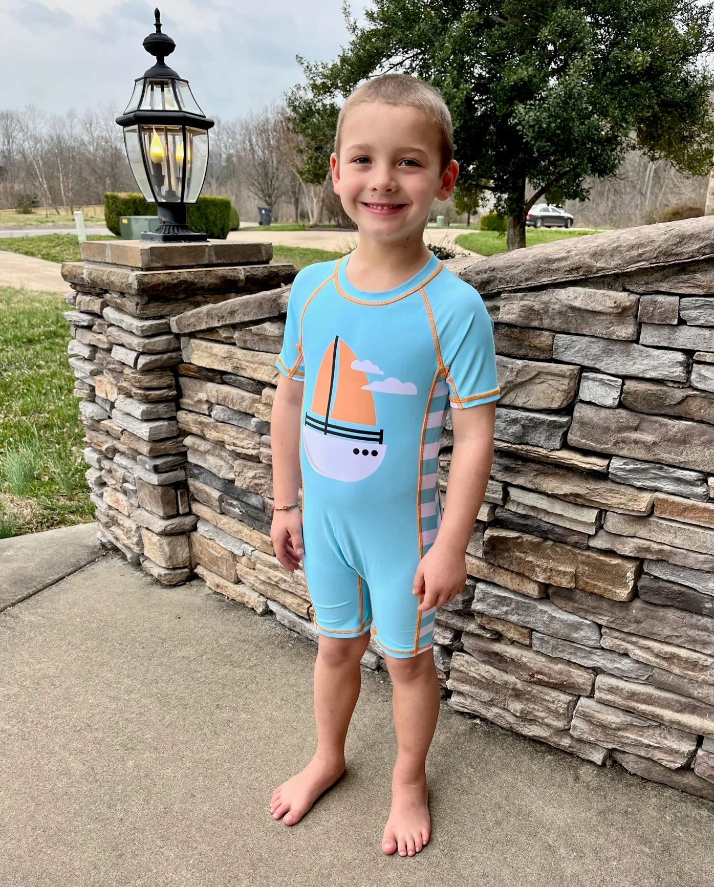 Light Blue Sailboat Rash Guard Swimsuit - Image 3