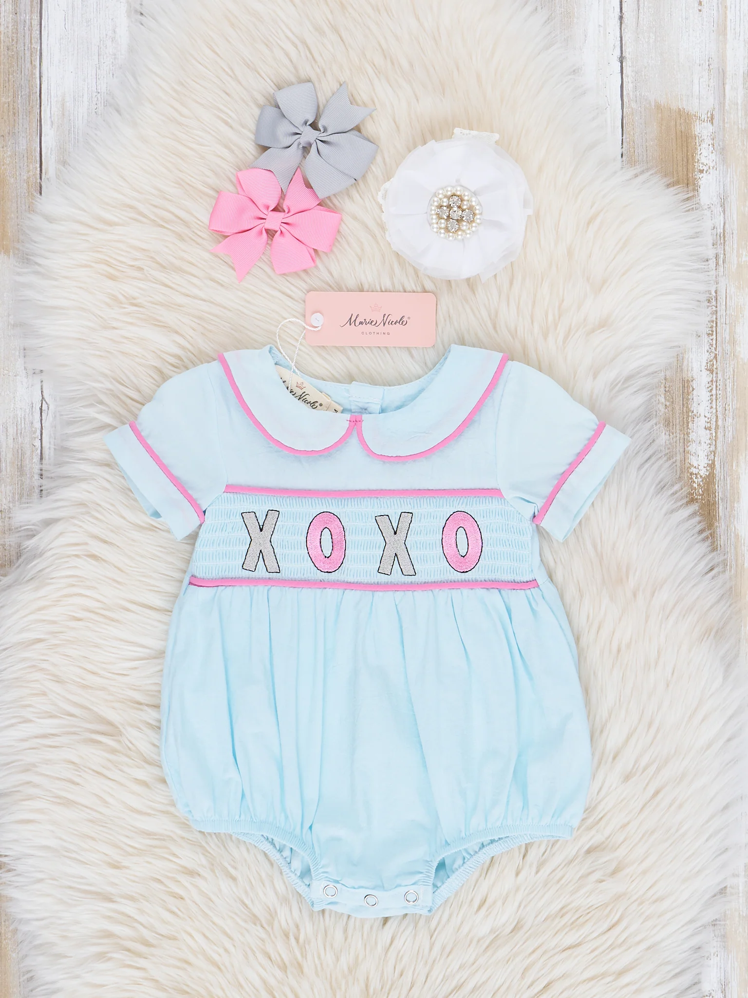Light Blue Smocked XOXO Ruffle Bubble Romper