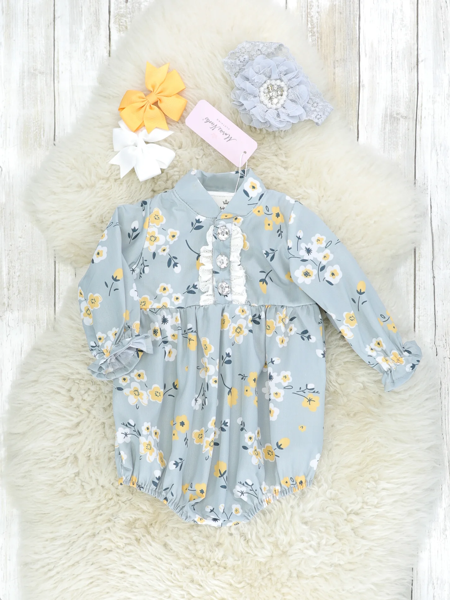 Light Grey & Yellow Floral Ruffle Romper