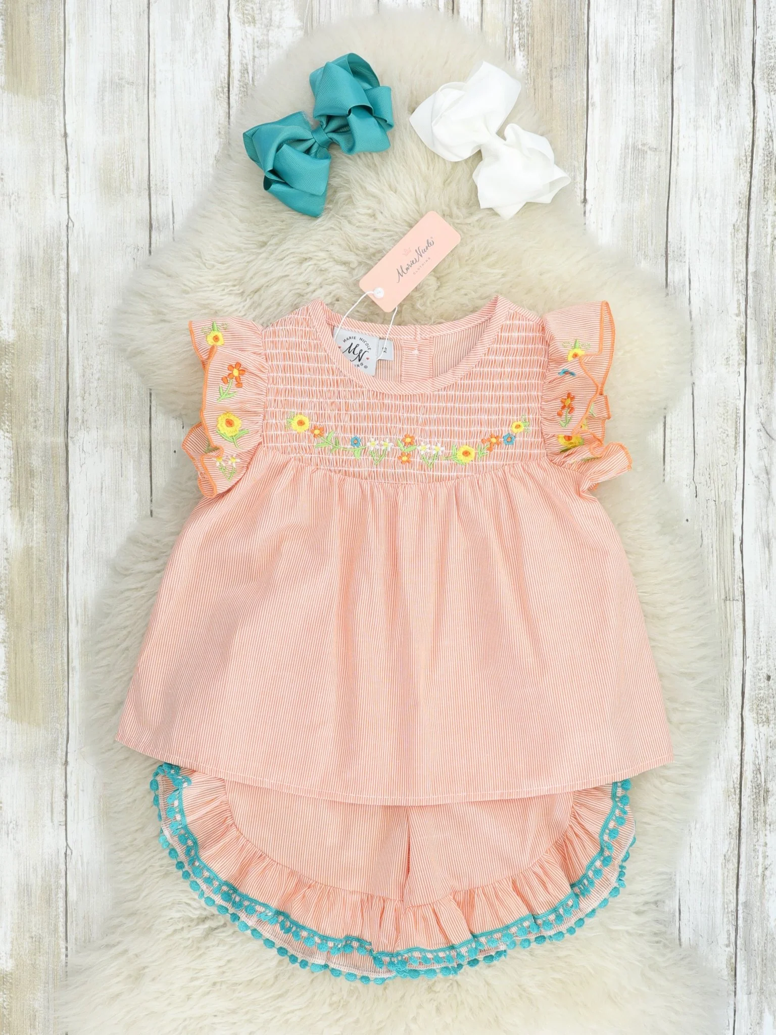 Light Orange Smocked Floral Ruffle Outfit