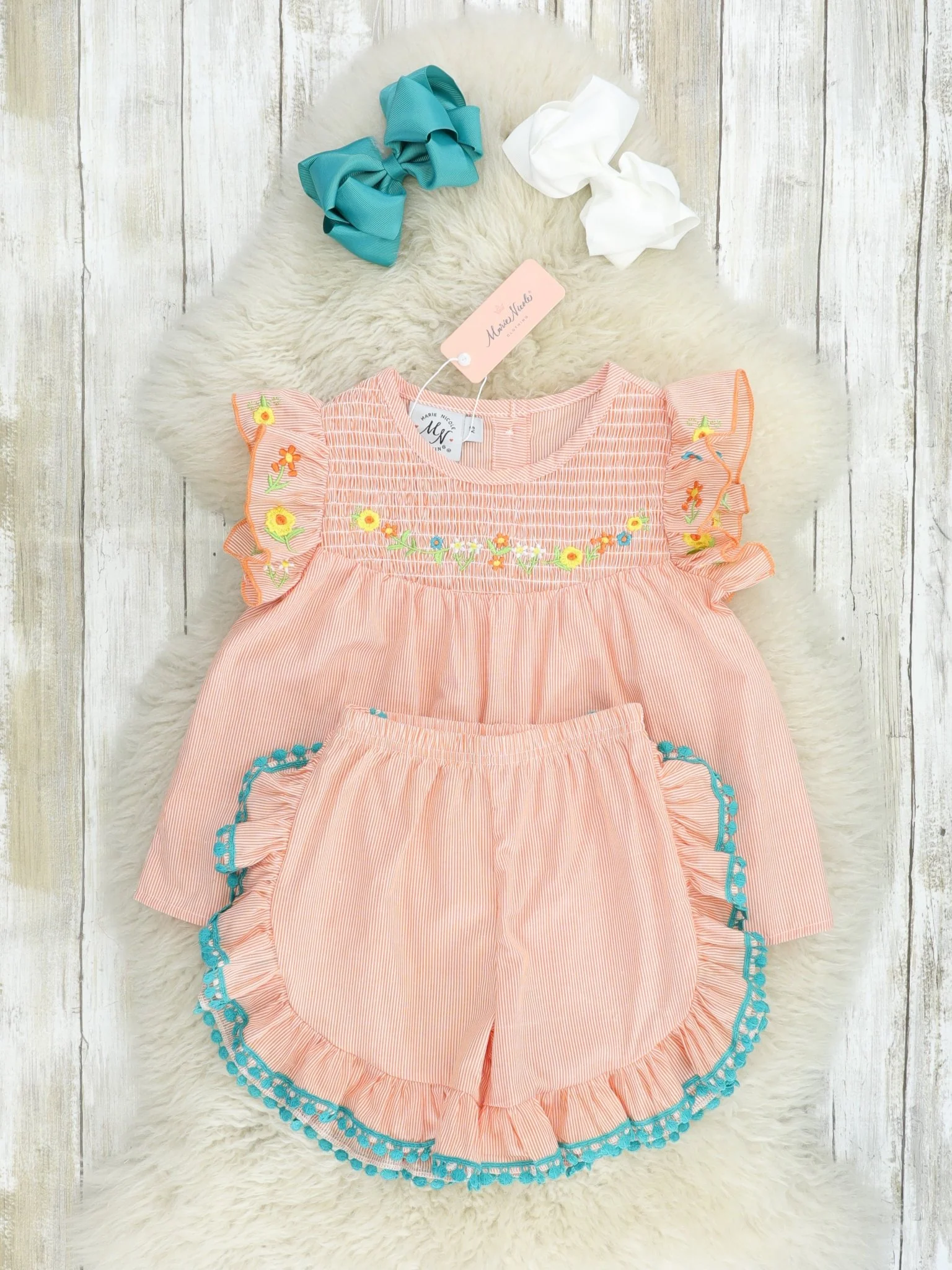 Light Orange Smocked Floral Ruffle Outfit - Image 2