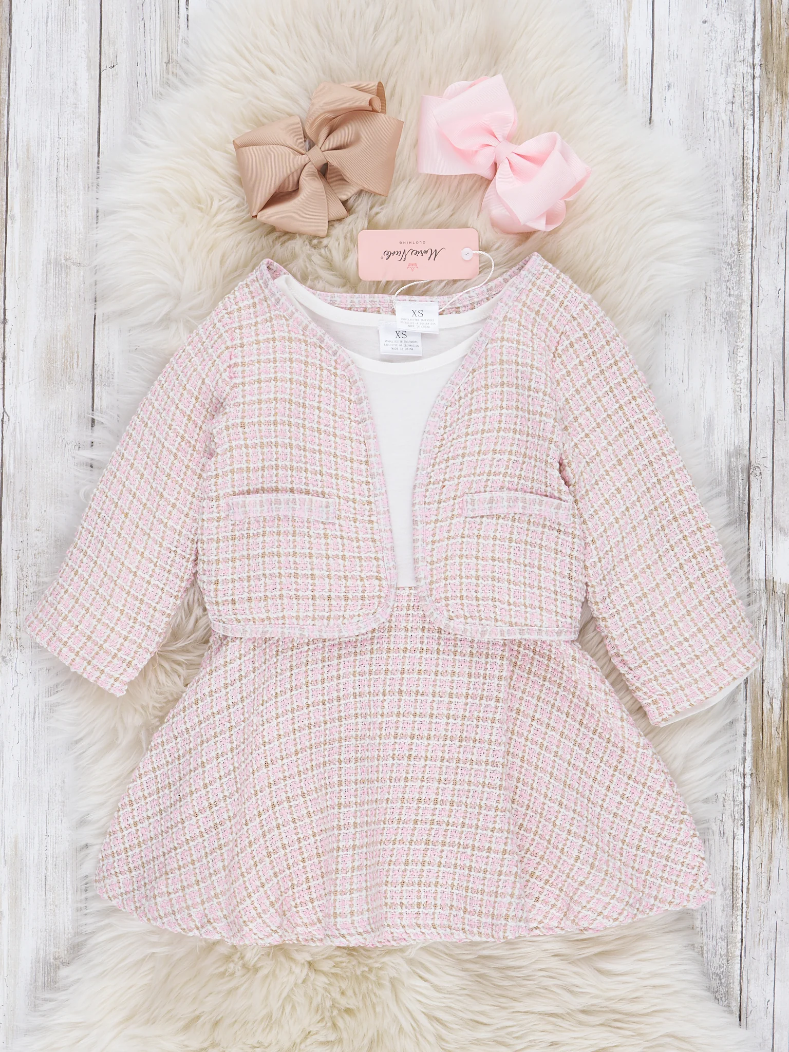 Light Pink Checked Dress W/ Cardigan Set