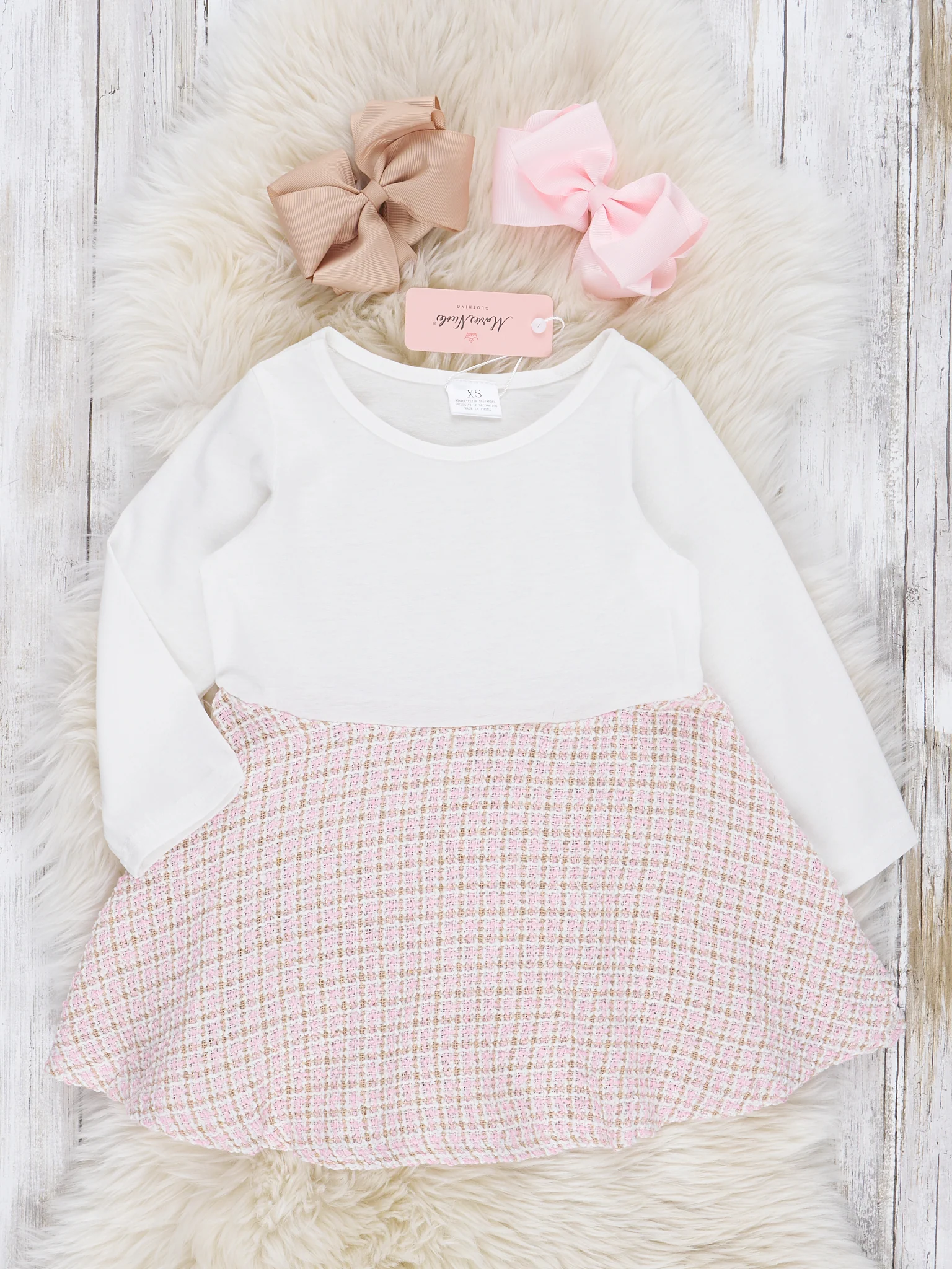 Light Pink Checked Dress W/ Cardigan Set - Image 2