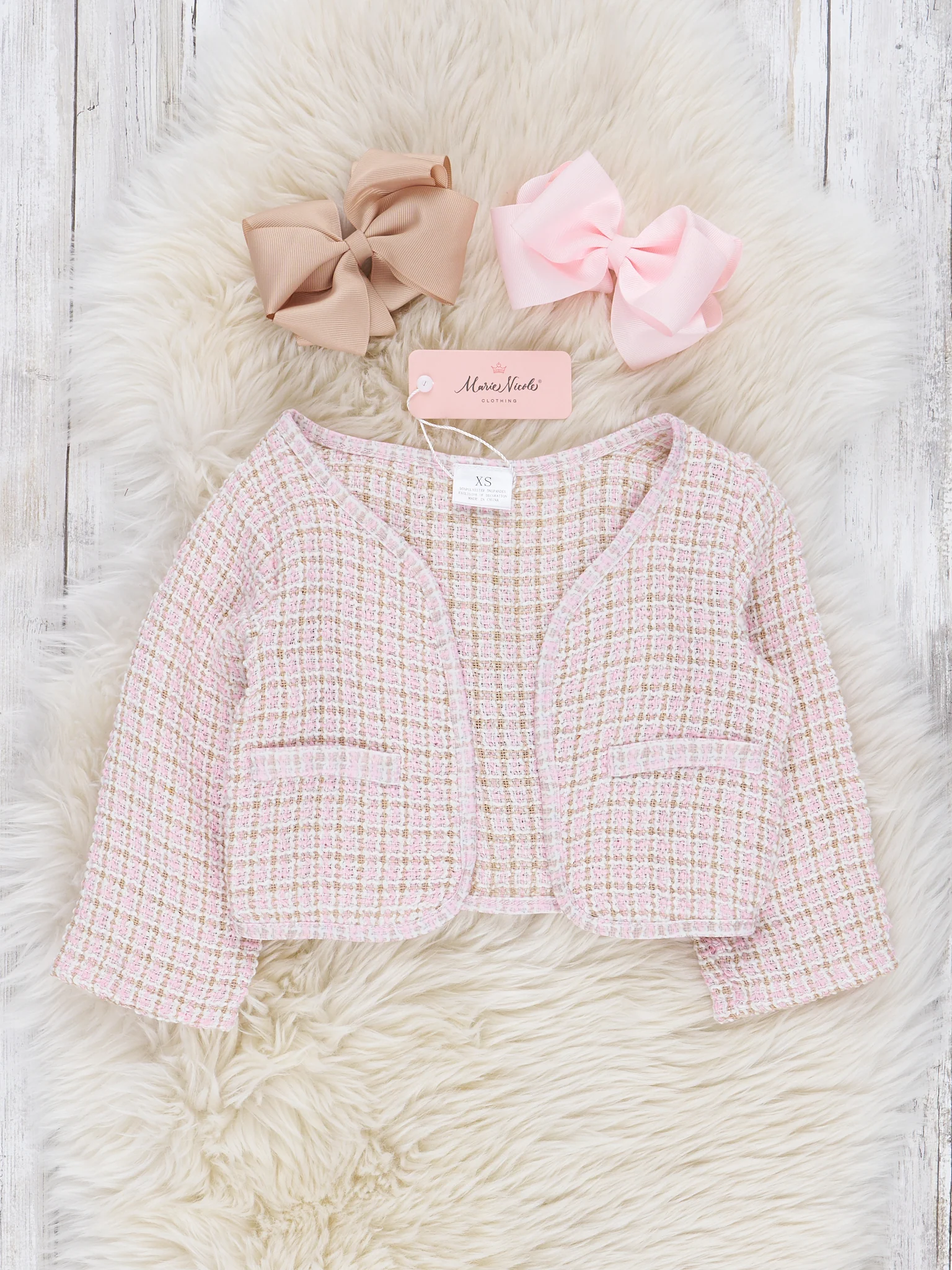 Light Pink Checked Dress W/ Cardigan Set - Image 3