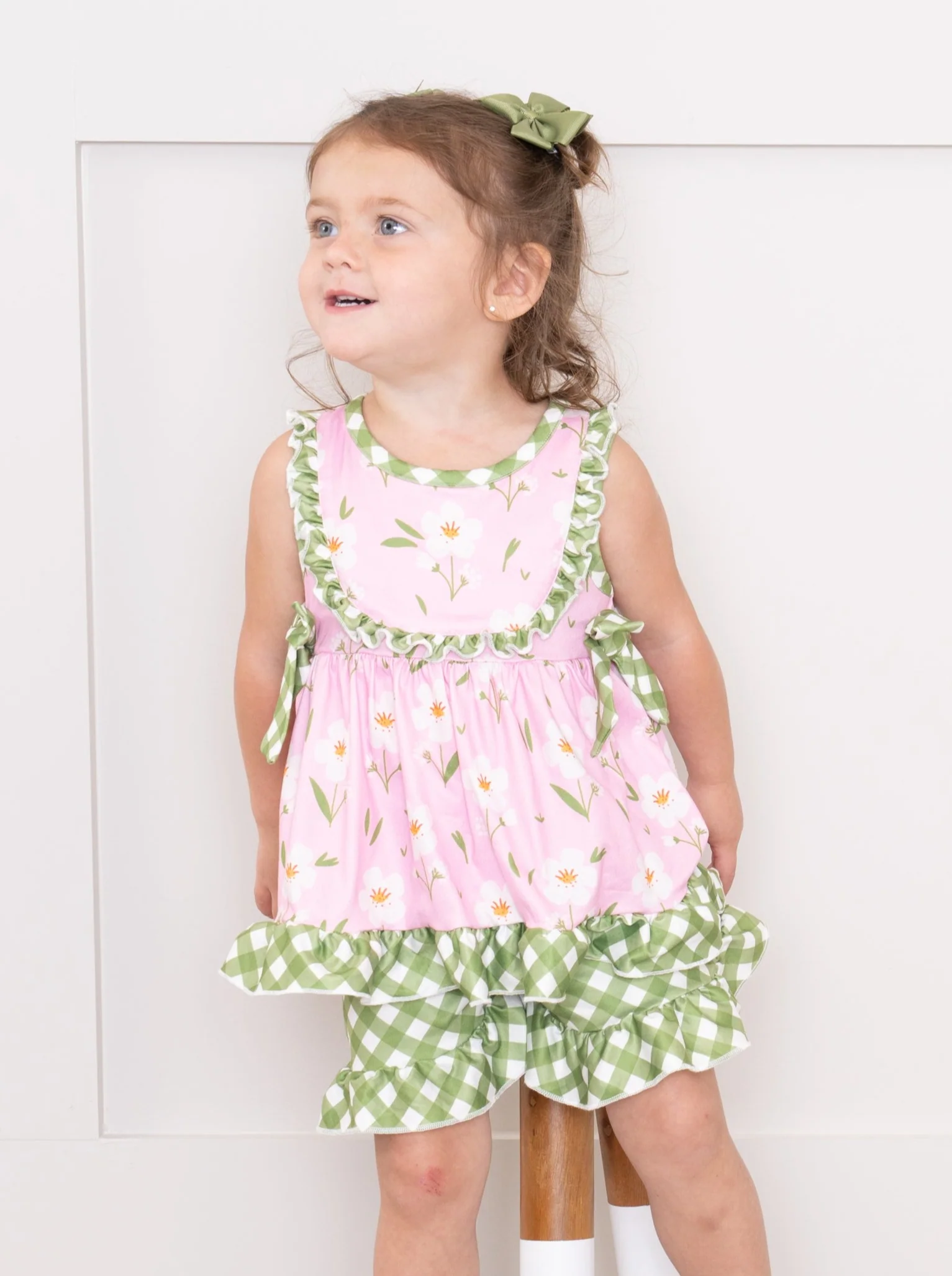 Light Pink Floral Gingham Ruffle Outfit
