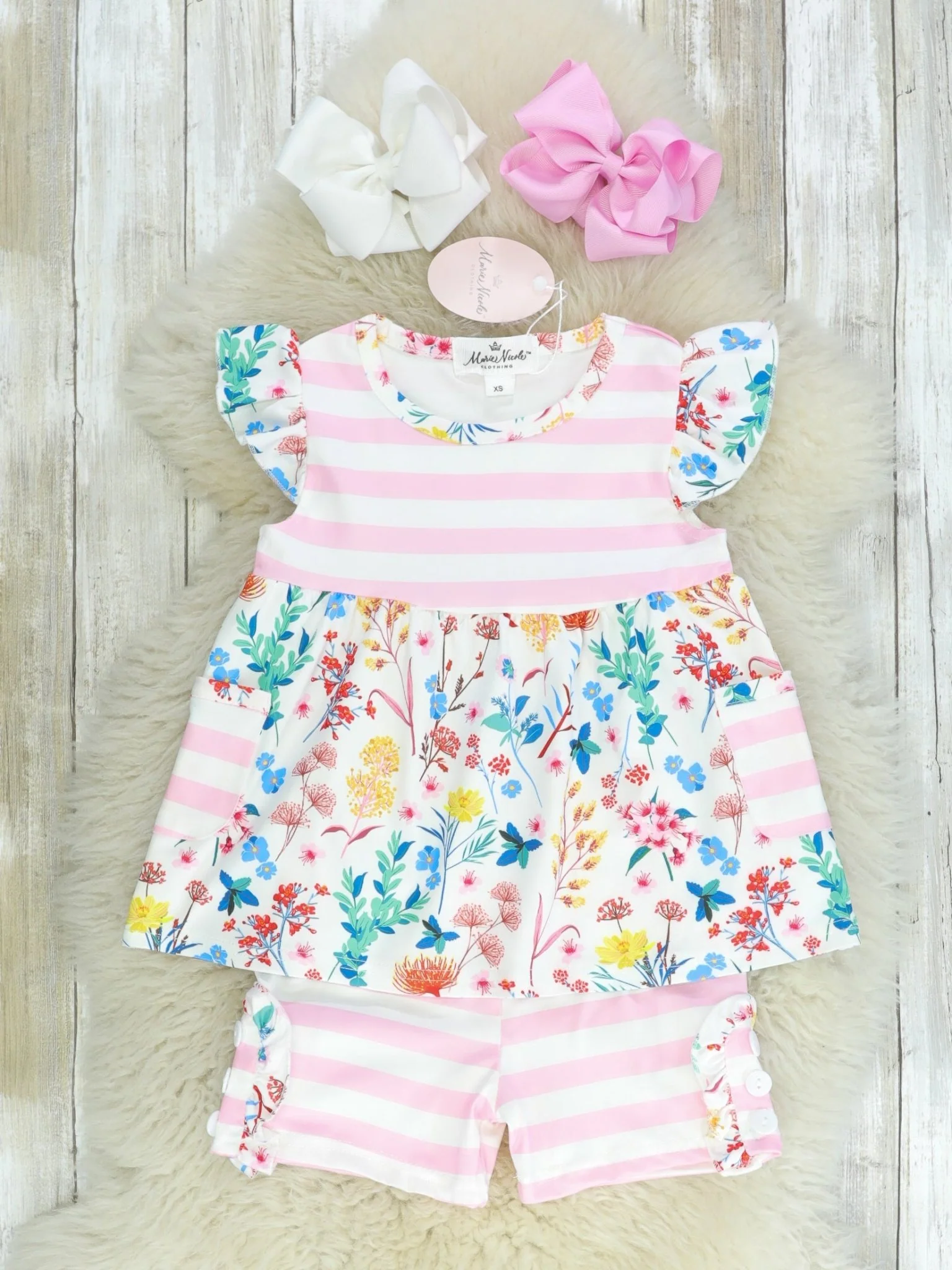 Light Pink Striped Floral Ruffle Shorts Outfit