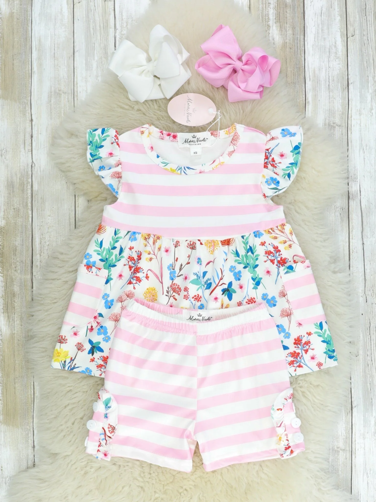 Light Pink Striped Floral Ruffle Shorts Outfit - Image 2