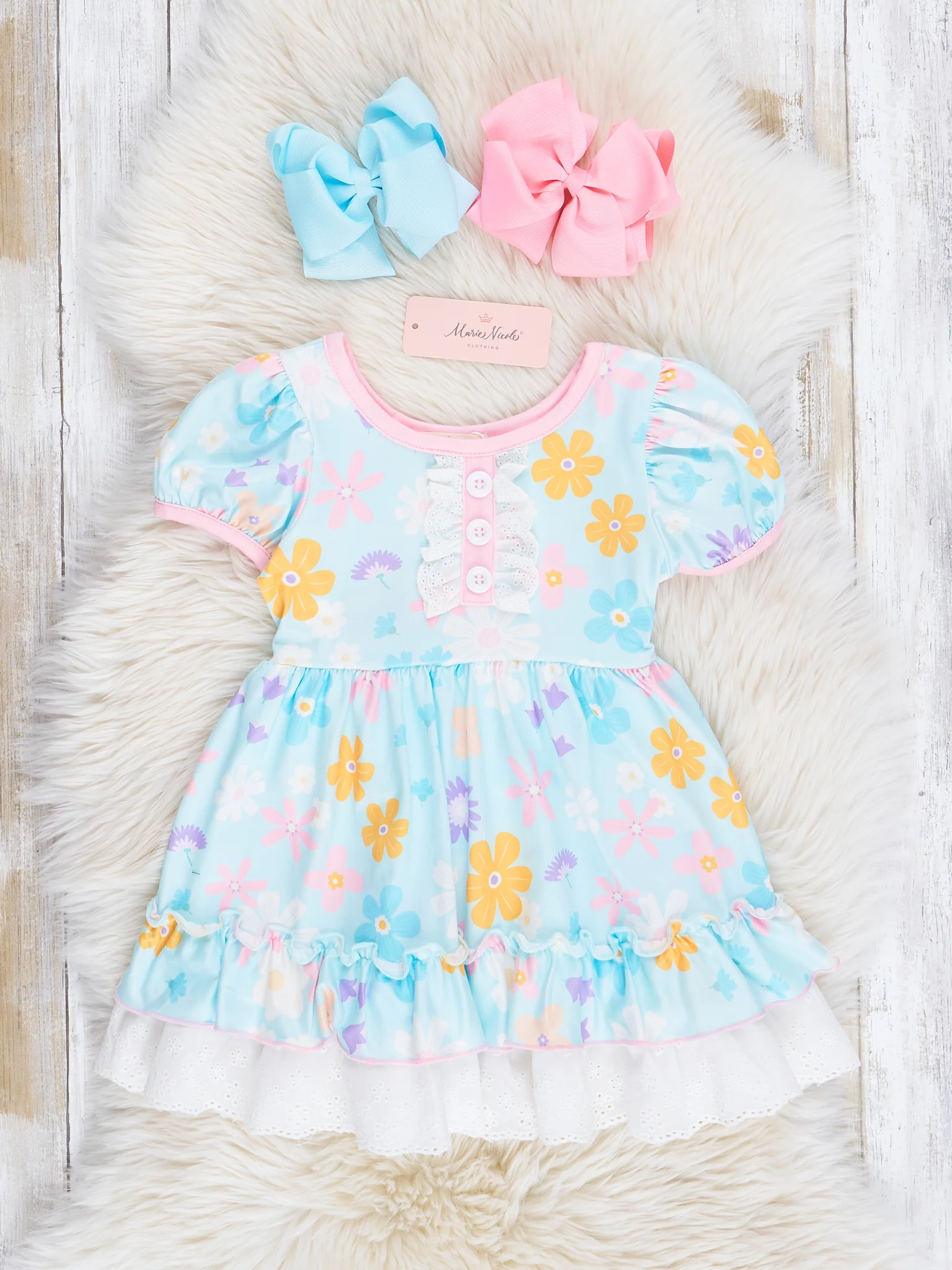Light Teal Wildflowers Lace Hem Dress