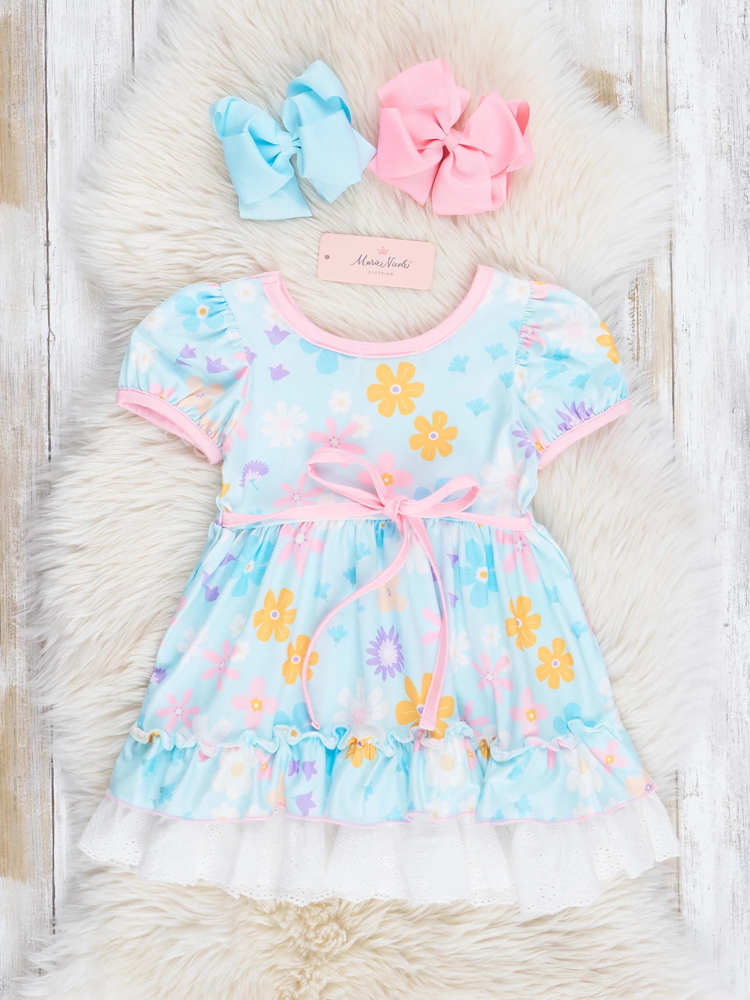Light Teal Wildflowers Lace Hem Dress - Image 2