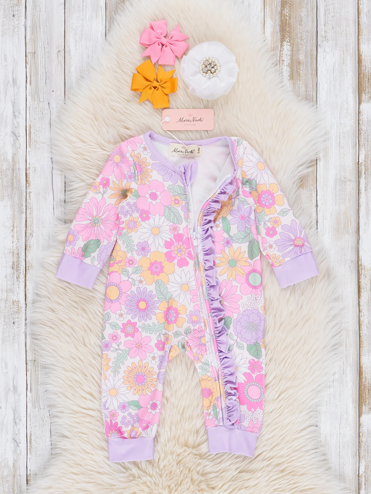 Lilac Funky Florals Ruffle Sleeper Pajamas - Image 2