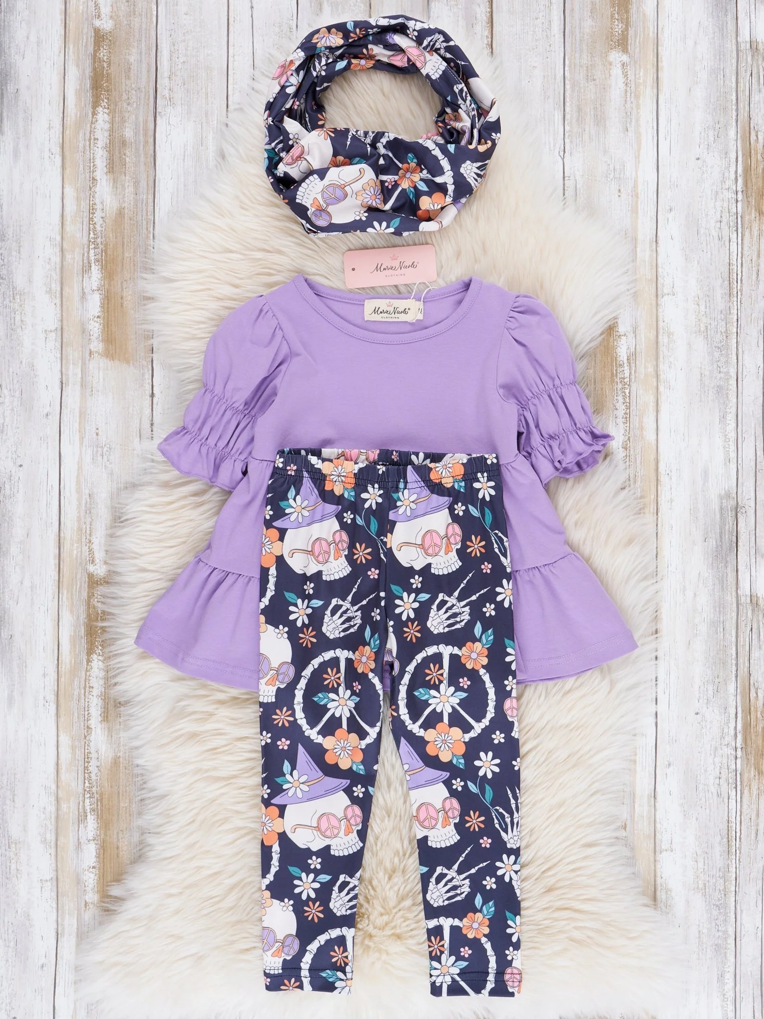 Lilac & Navy Groovy Halloween Floral Ruffle 3 Piece Set - Image 3