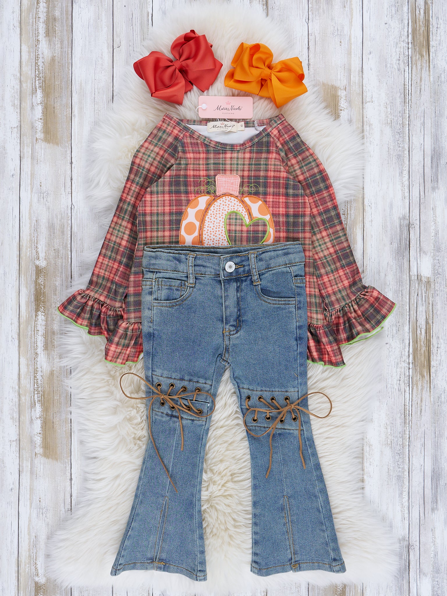 Lime & Brown Plaid Embroidered Pumpkin Outfit w/ Denim - Image 2