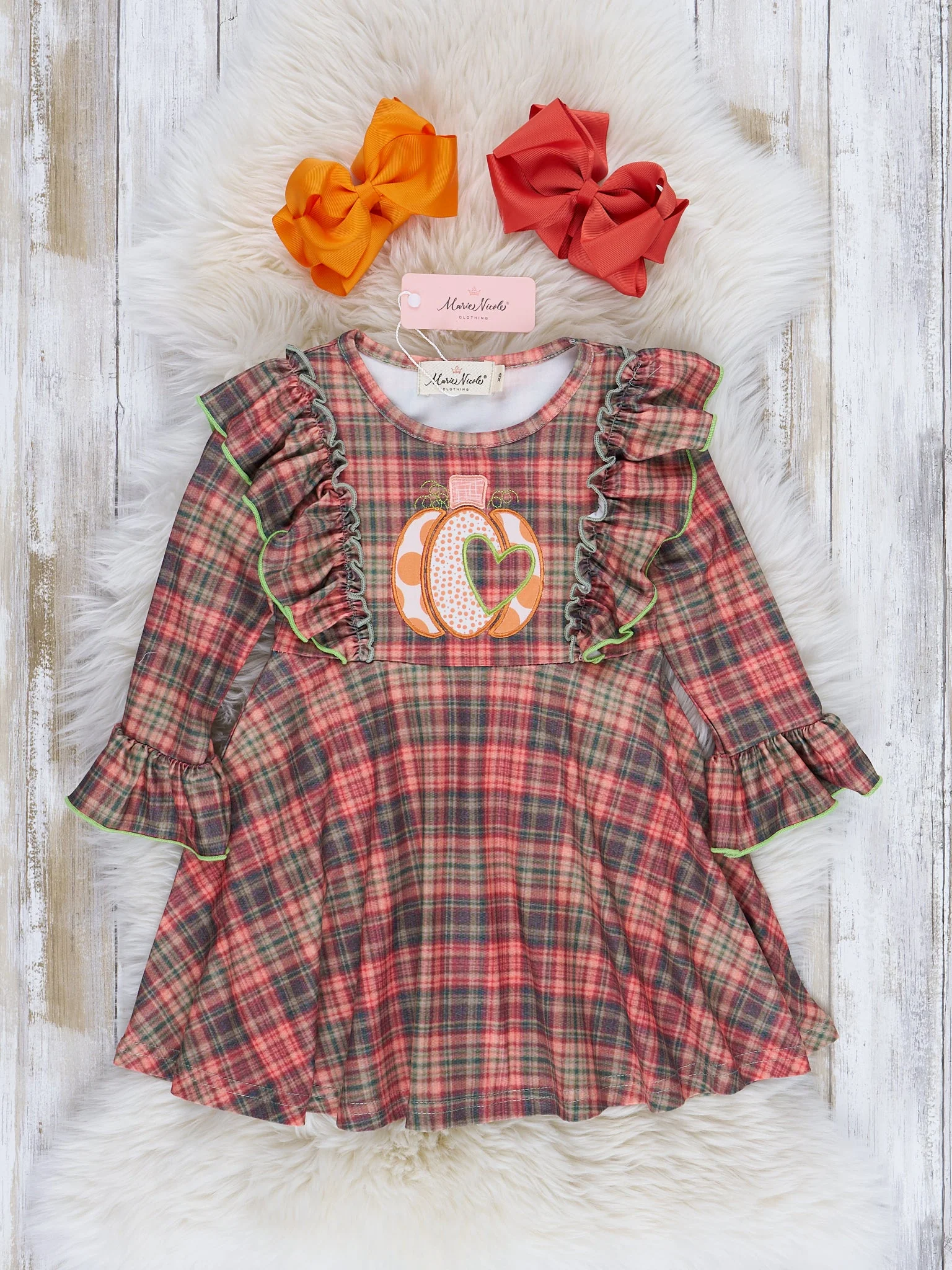 Lime & Brown Plaid Embroidered Pumpkin Ruffle Dress