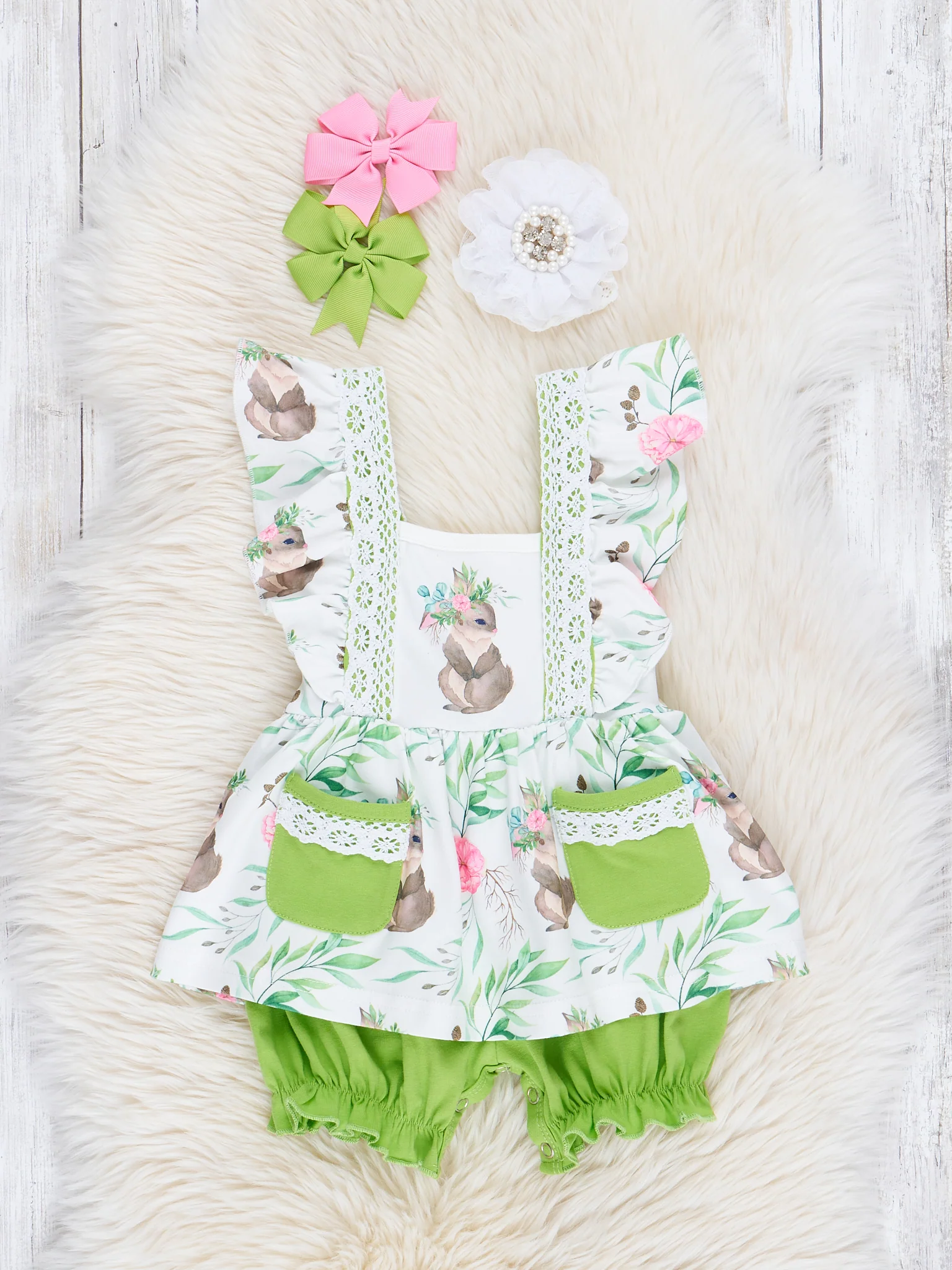 Lime Lace Bunny Ruffle Romper