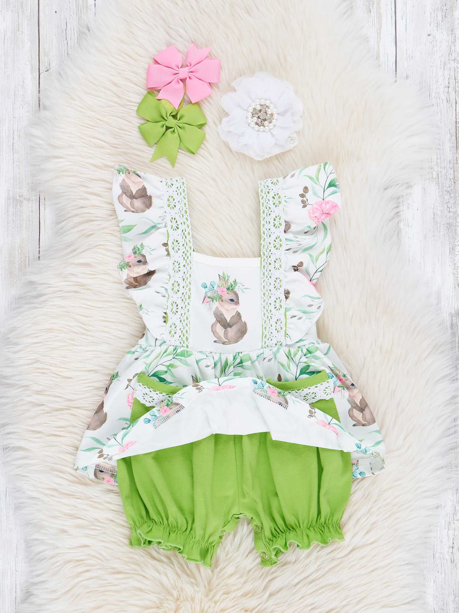 Lime Lace Bunny Ruffle Romper - Image 2
