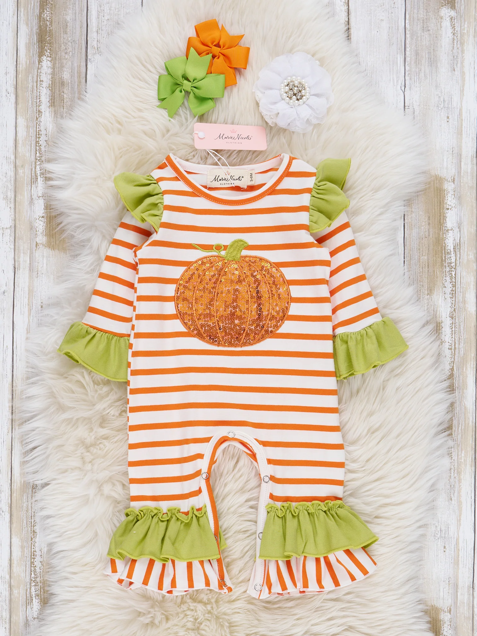 Lime & Orange Stripe Sequin Pumpkin Ruffle Romper