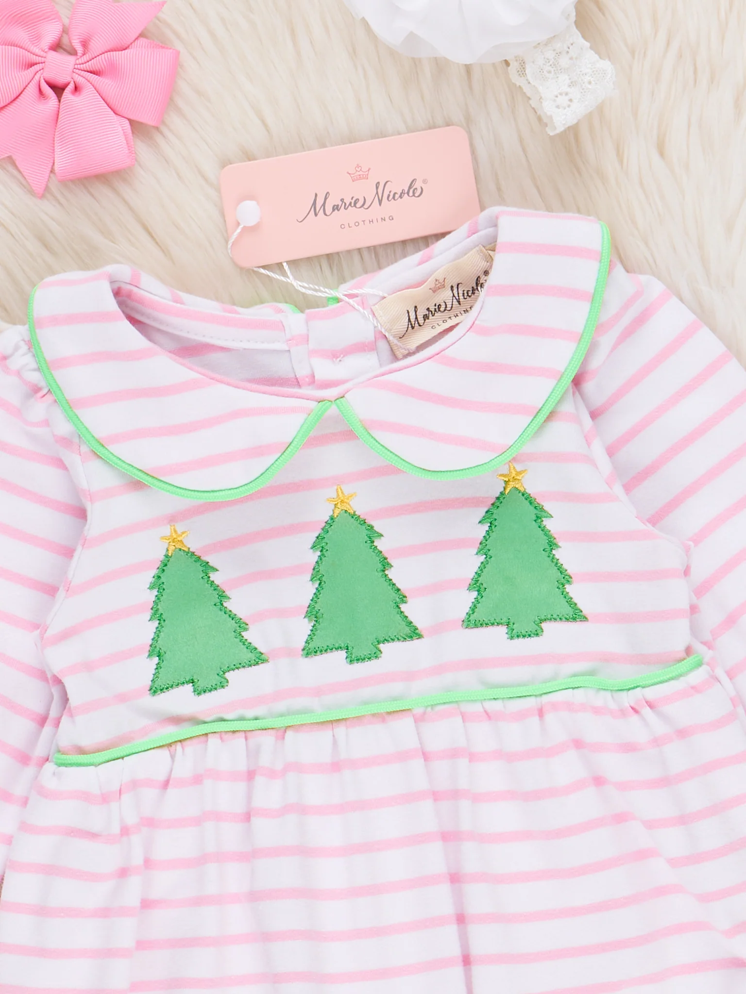 Lime & Pink Embroidered Christmas Trees Romper - Image 2
