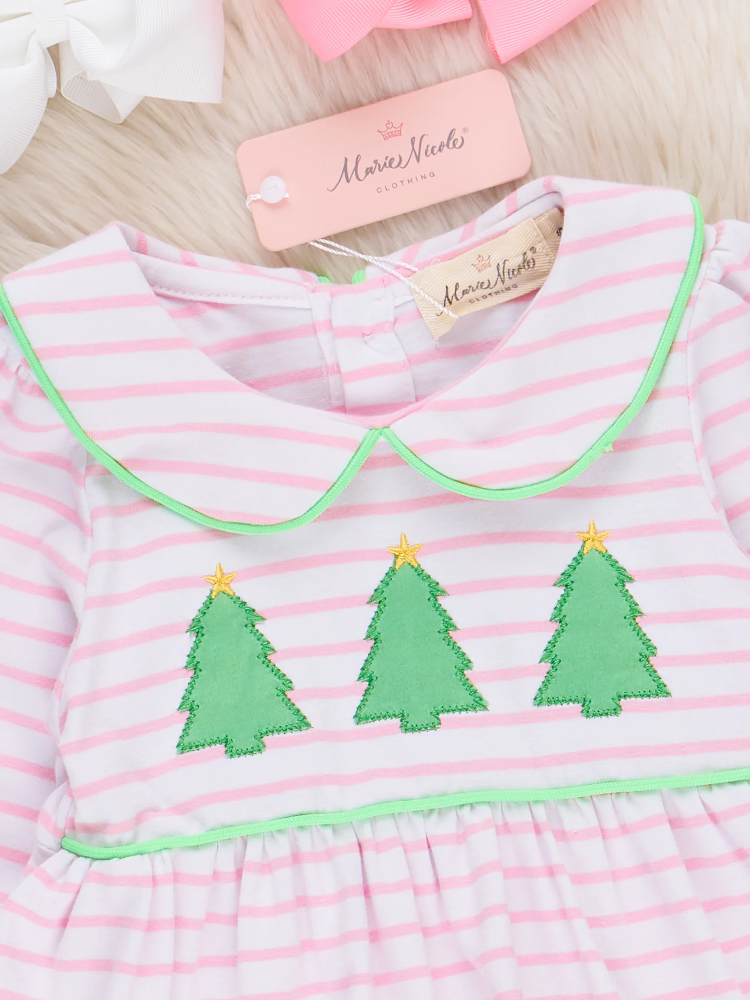 Lime & Pink Embroidered Christmas Trees Dress - Image 3