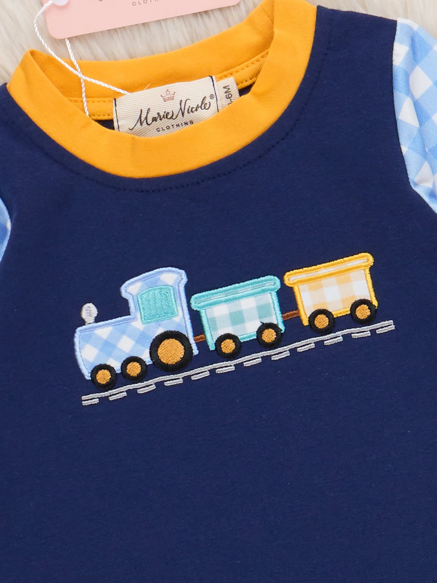 Little Conductor Gingham Train Romper - Image 2
