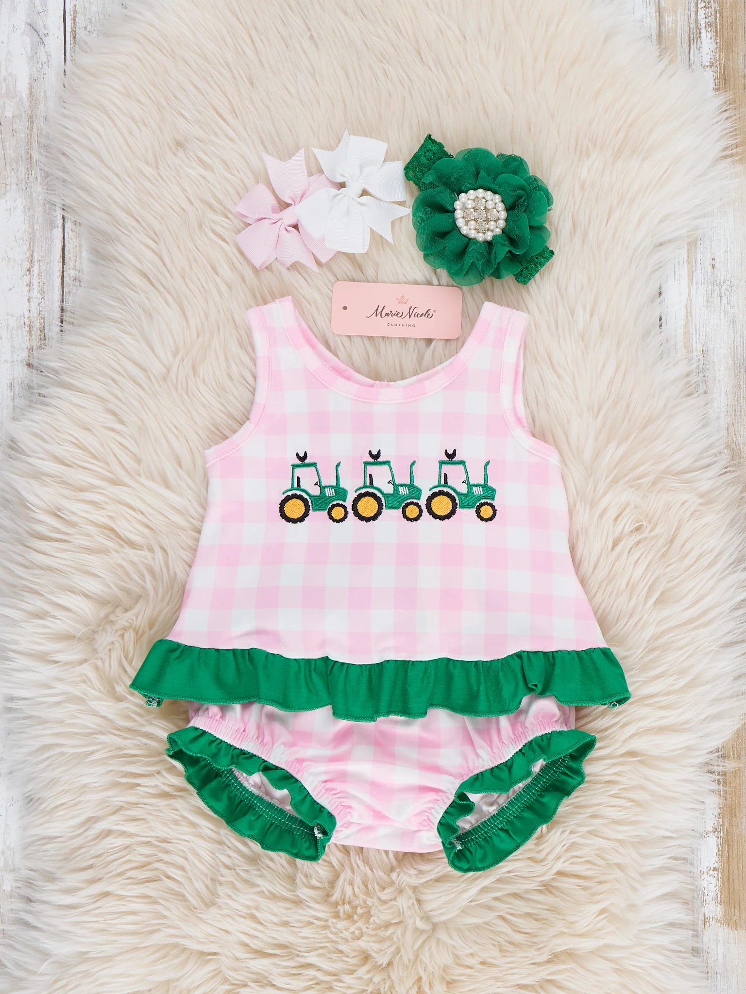 Little Farmer’s Fun Embroidered Plaid Bloomers Outfit