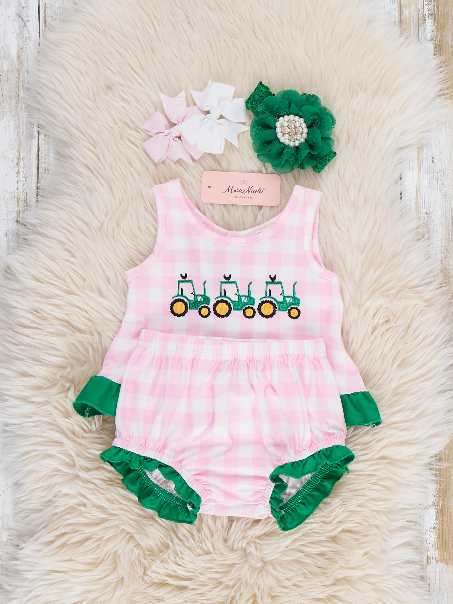 Little Farmer’s Fun Embroidered Plaid Bloomers Outfit - Image 2