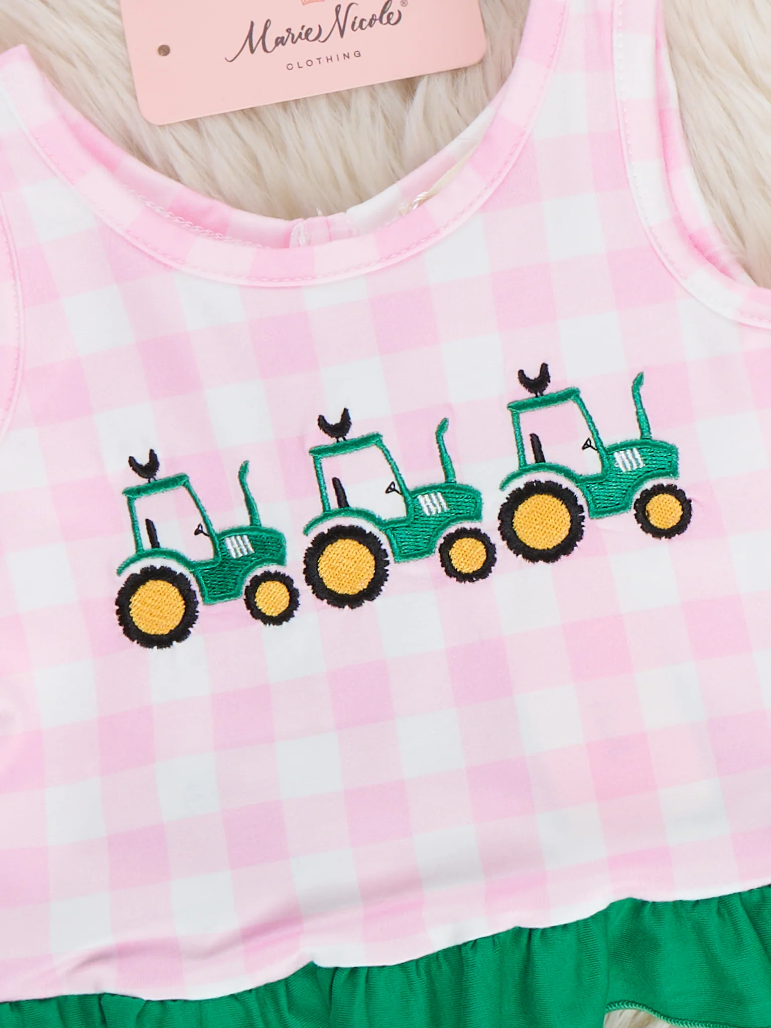 Little Farmer’s Fun Embroidered Plaid Bloomers Outfit - Image 3