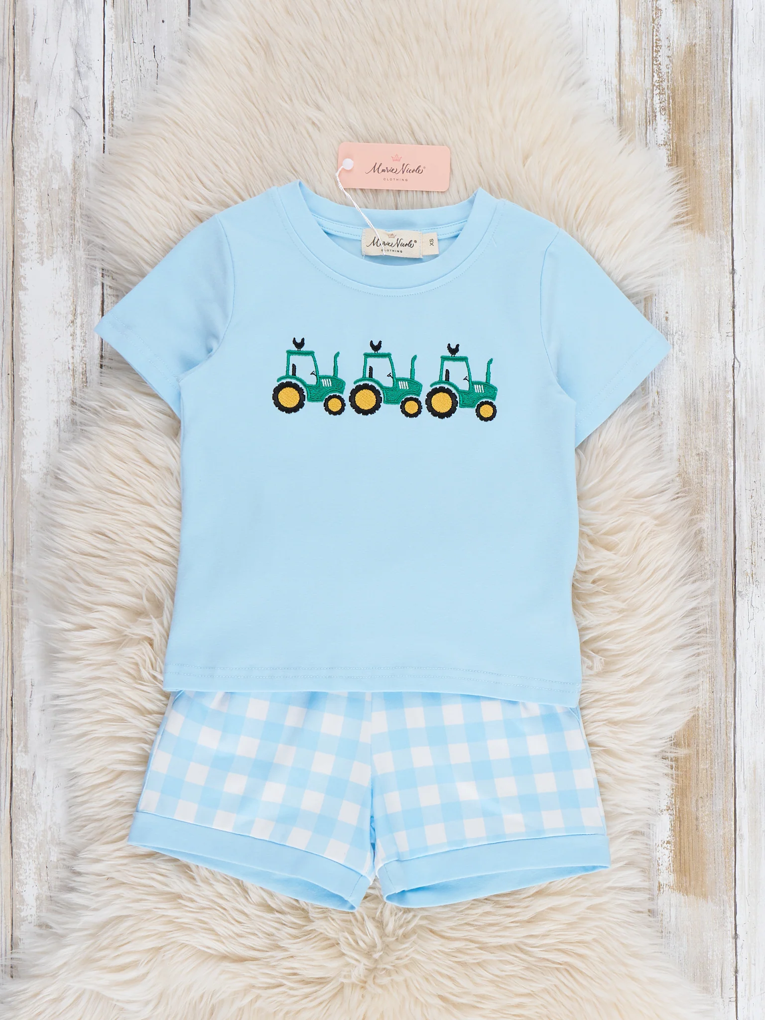 Little Farmer’s Fun Embroidered Plaid Outfit - Image 2