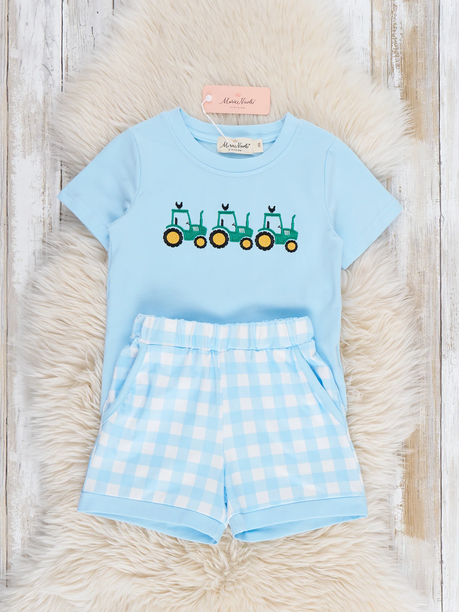 Little Farmer’s Fun Embroidered Plaid Outfit - Image 4