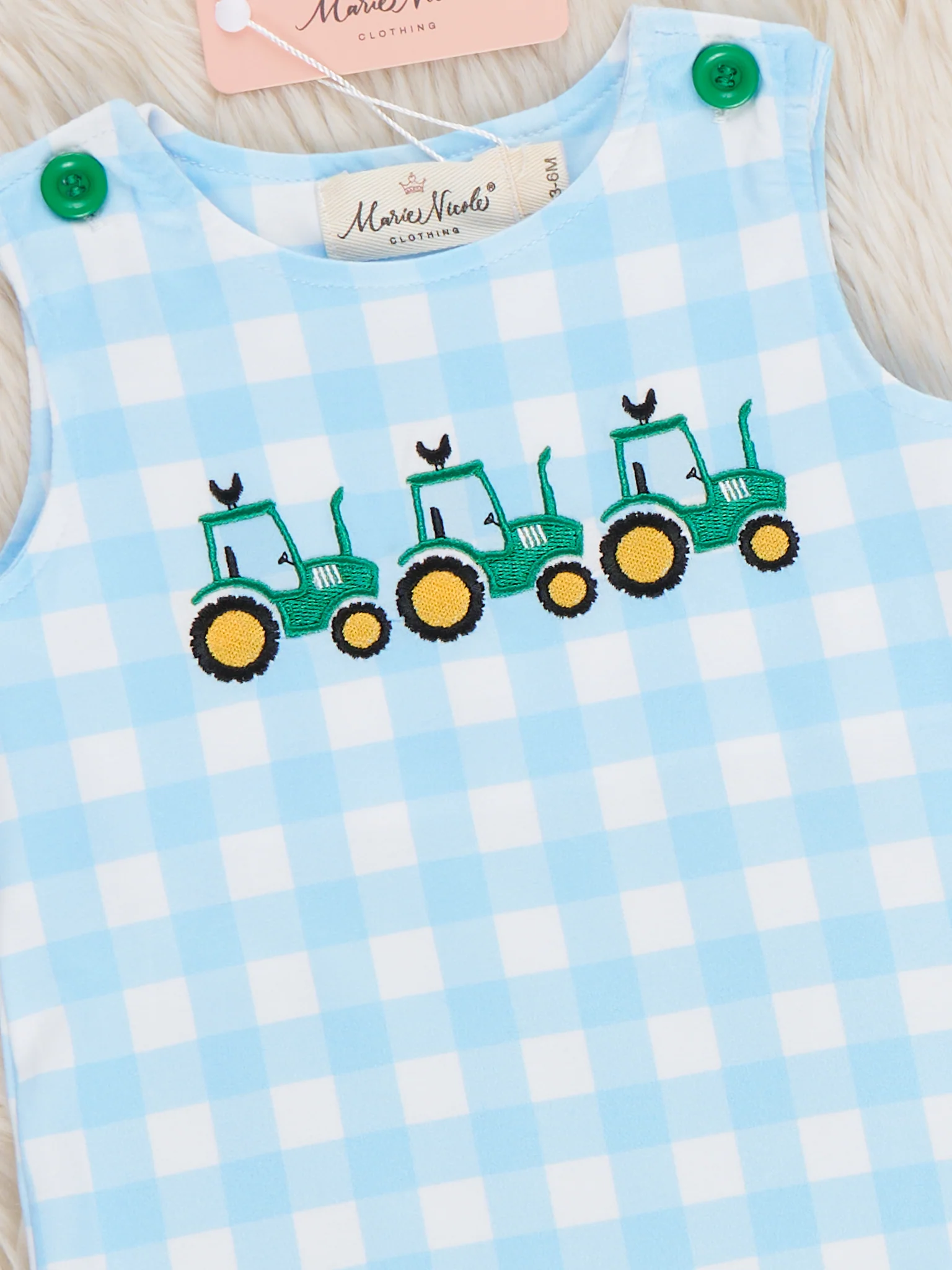 Little Farmer’s Fun Embroidered Plaid Romper - Image 2