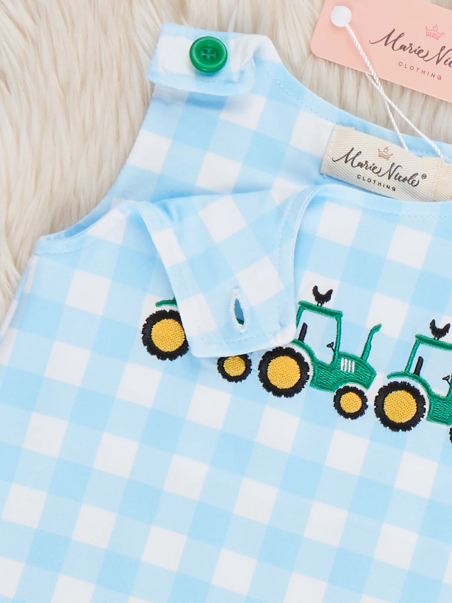 Little Farmer’s Fun Embroidered Plaid Romper - Image 3