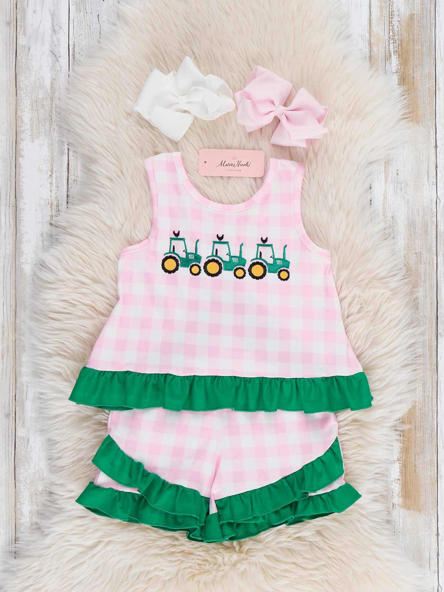 Little Farmer’s Fun Embroidered Plaid Ruffle Outfit