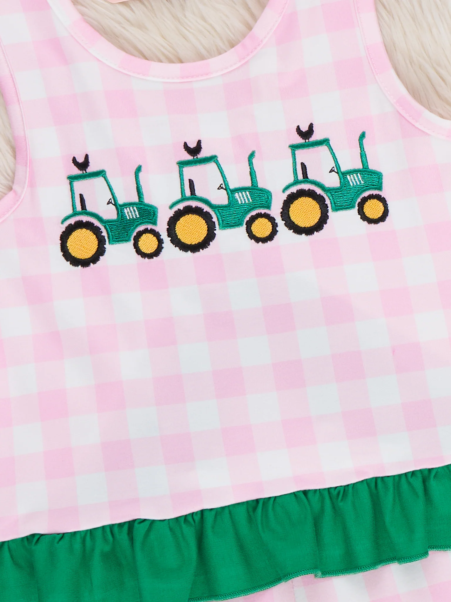 Little Farmer’s Fun Embroidered Plaid Ruffle Outfit - Image 2