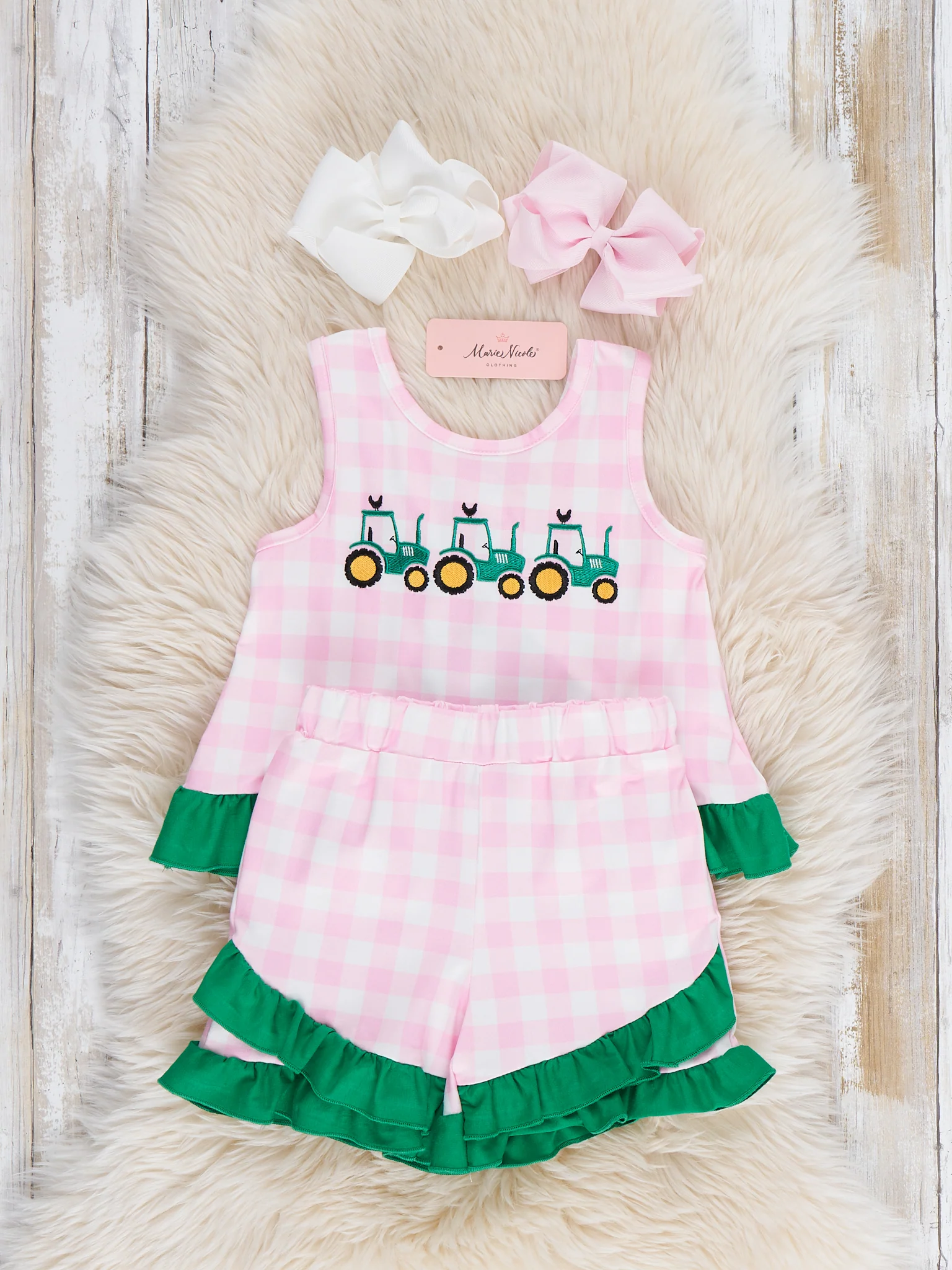 Little Farmer’s Fun Embroidered Plaid Ruffle Outfit - Image 3