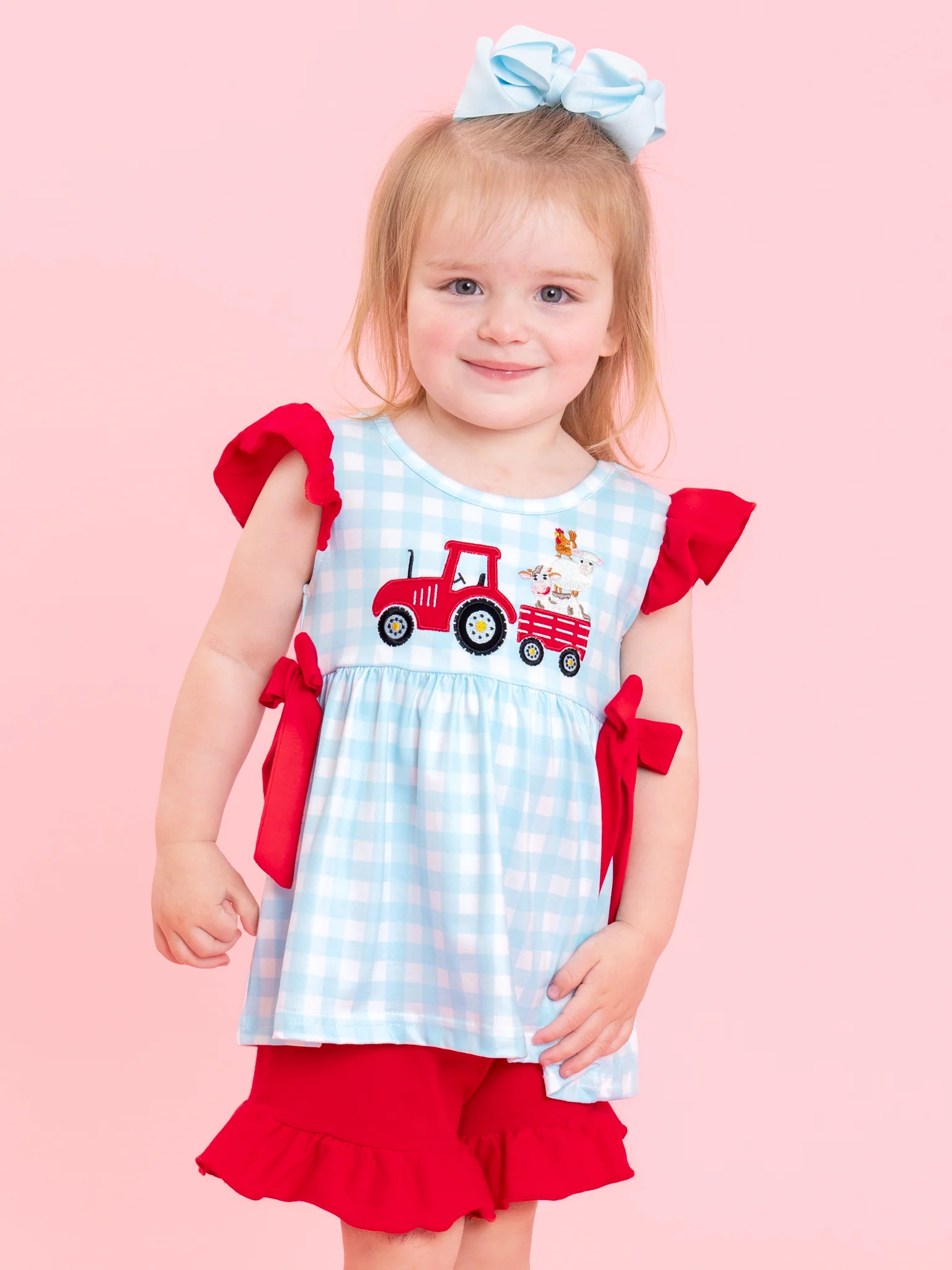 Little Tractor Helper Embroidered Plaid Ruffle Outfit