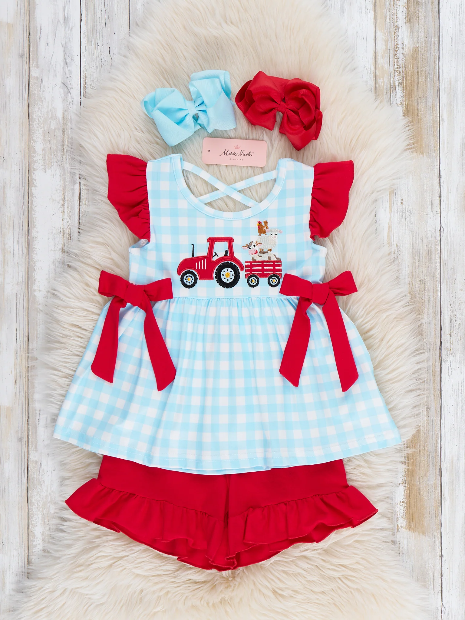 Little Tractor Helper Embroidered Plaid Ruffle Outfit - Image 2
