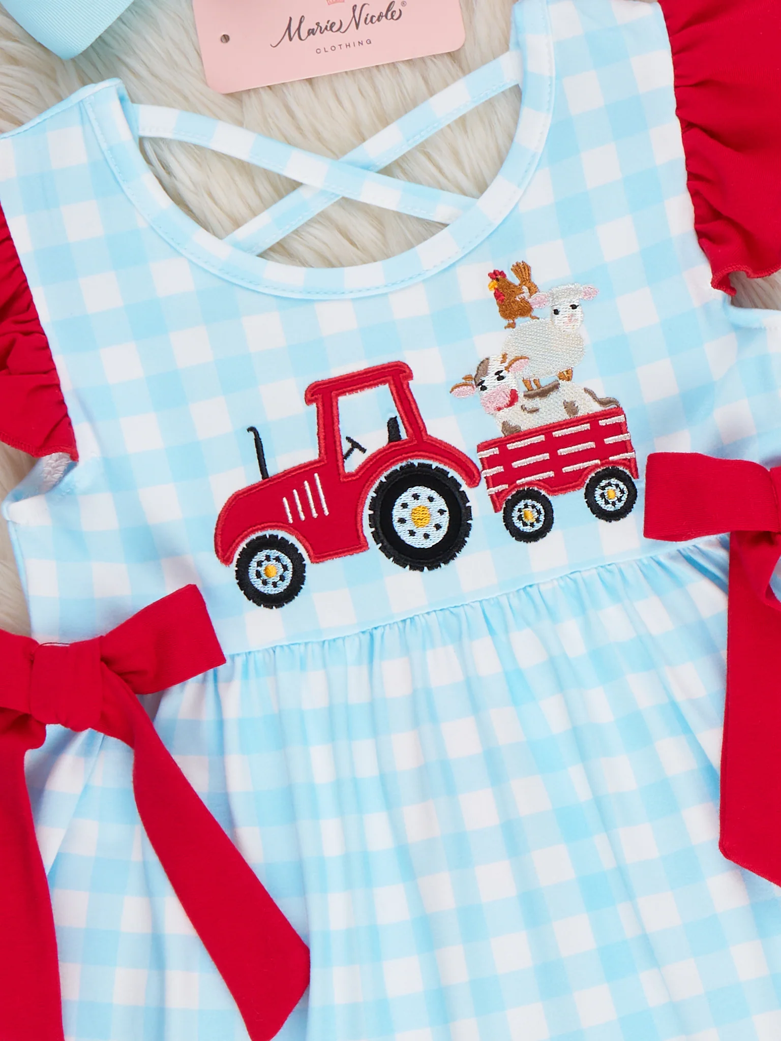 Little Tractor Helper Embroidered Plaid Ruffle Outfit - Image 3