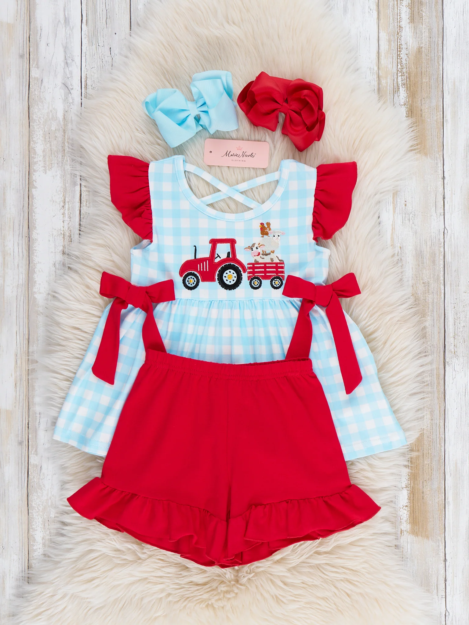 Little Tractor Helper Embroidered Plaid Ruffle Outfit - Image 4