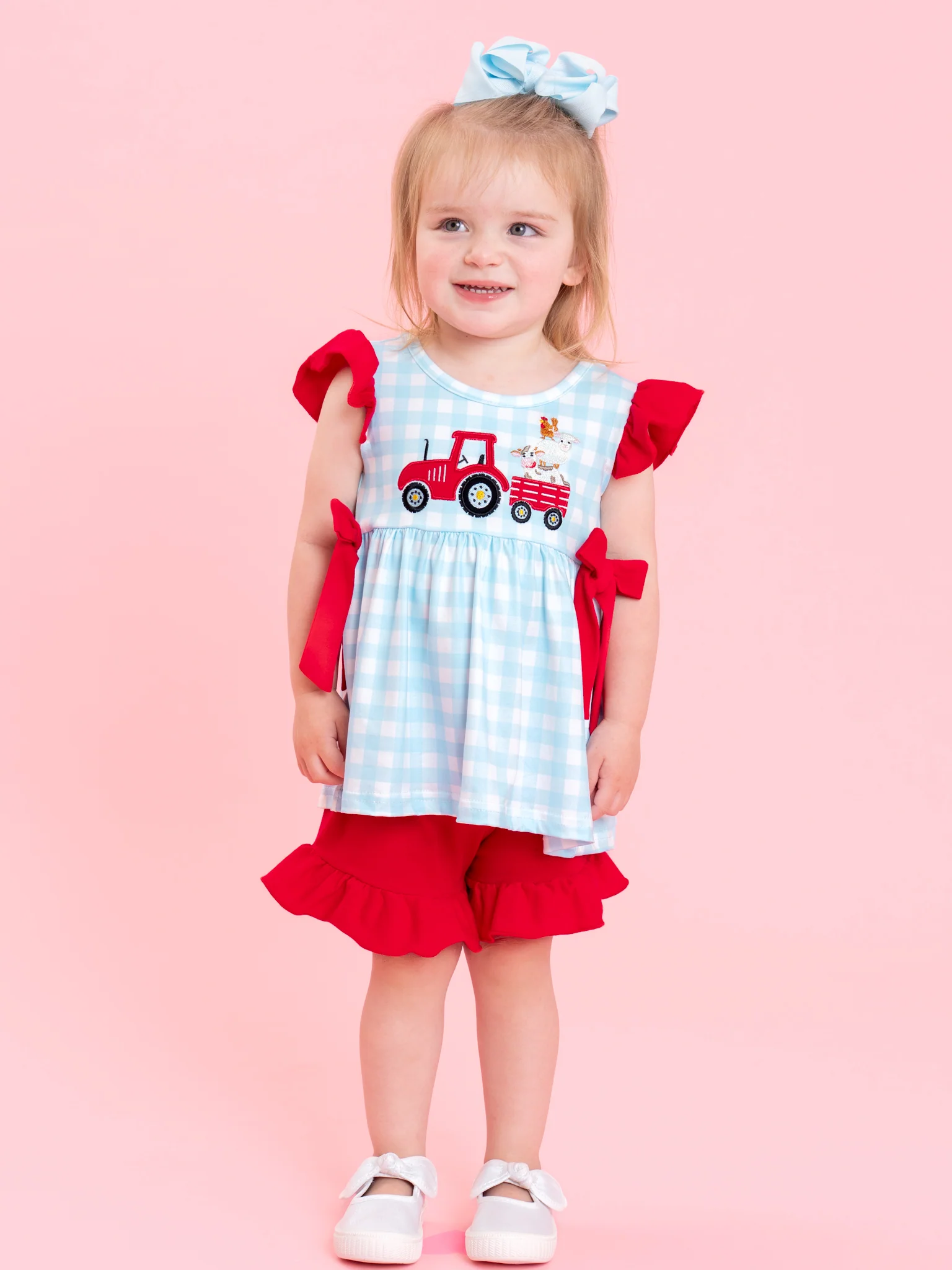 Little Tractor Helper Embroidered Plaid Ruffle Outfit - Image 5