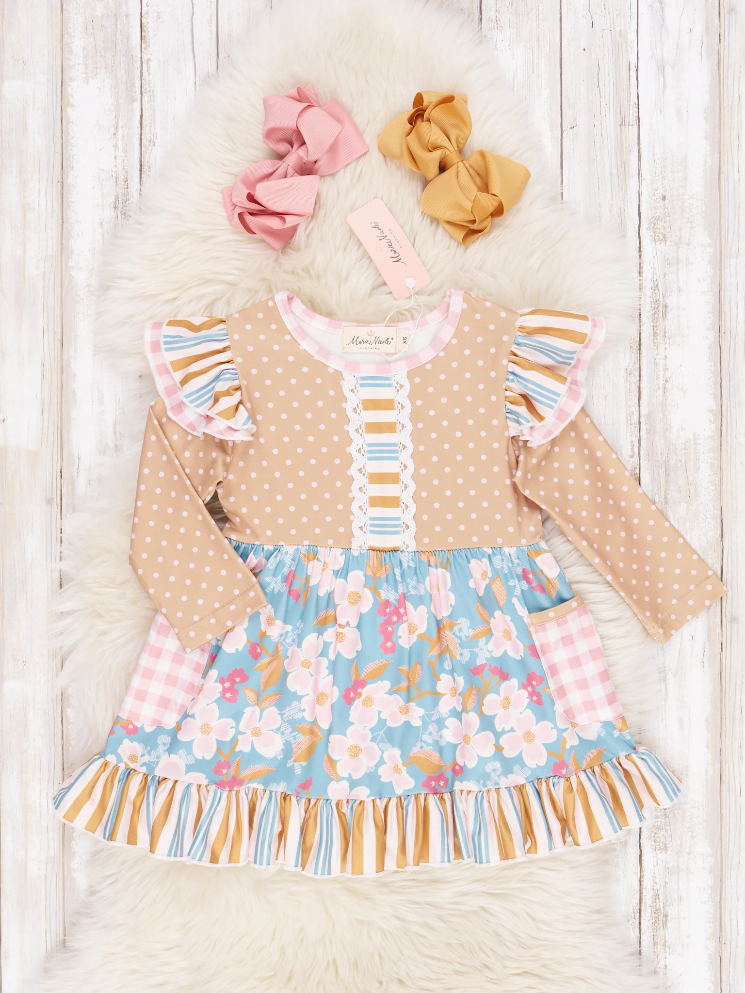 Long-Sleeved Mixed Print Ruffle Dress - Image 3