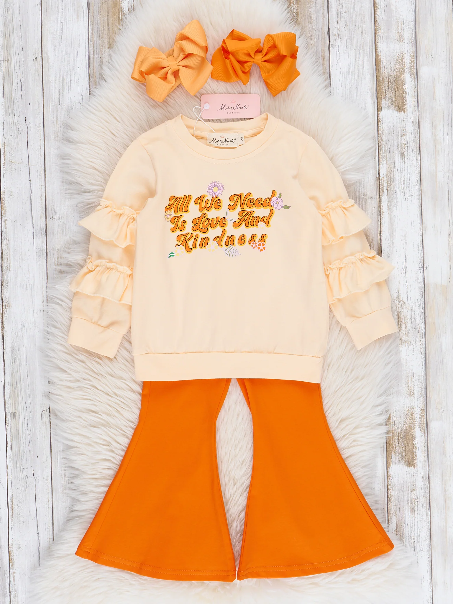 "Love & Kindness" Orange Ruffle Bell Bottoms Outfit