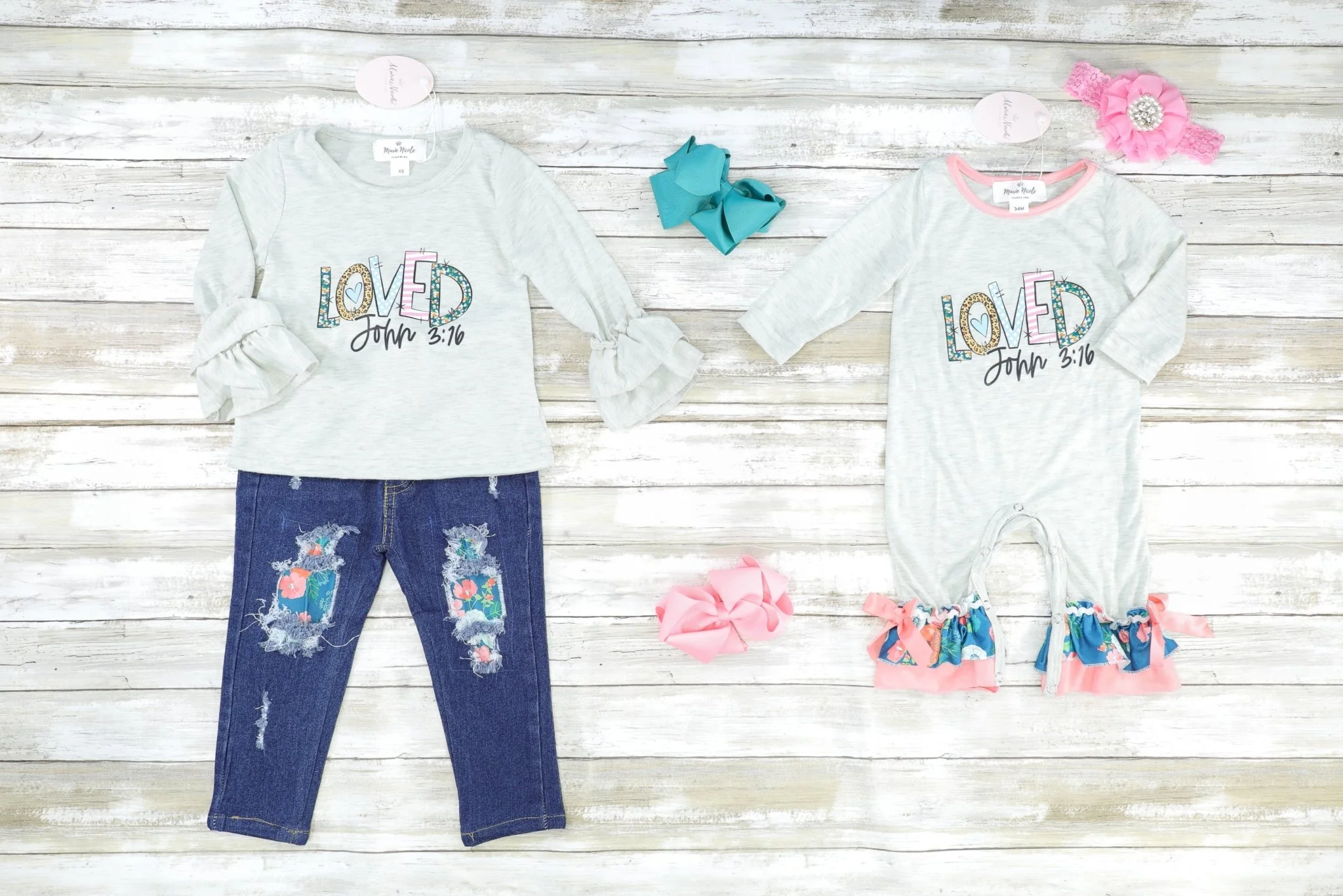 "Loved" Ruffle Sleeve Top & Distressed Denim Outfit - Image 3