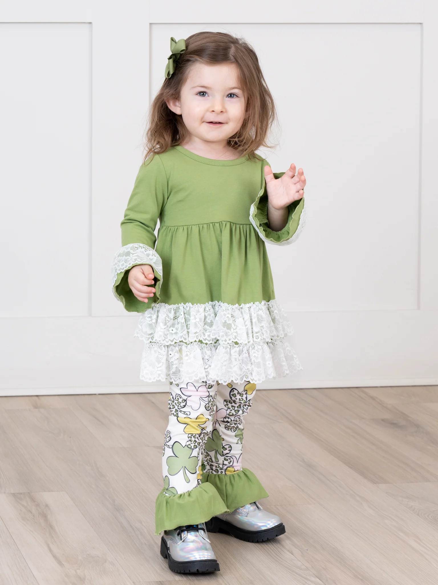 Lucky Pink & Green Clovers Lacy Ruffle Outfit