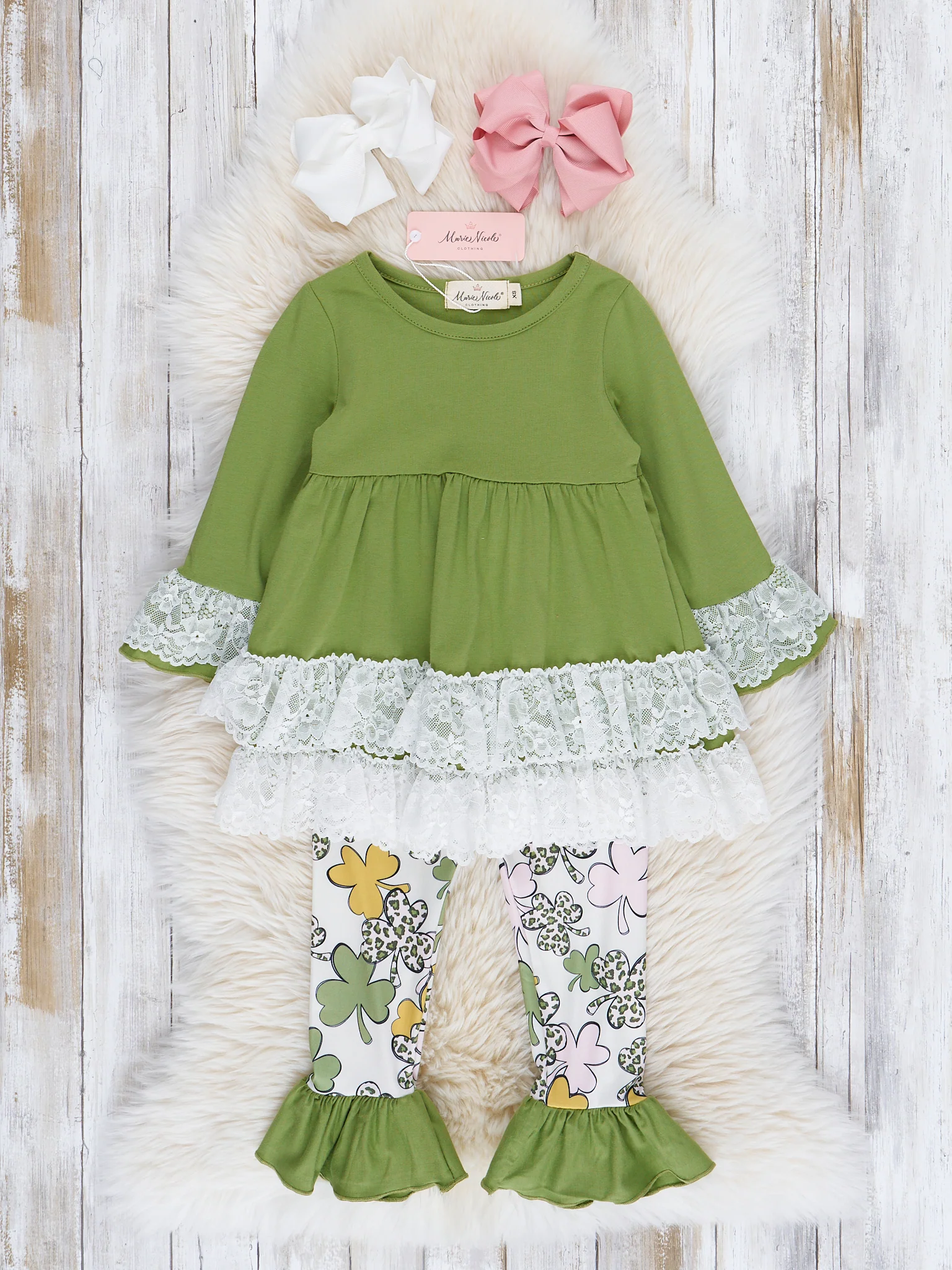 Lucky Pink & Green Clovers Lacy Ruffle Outfit - Image 2