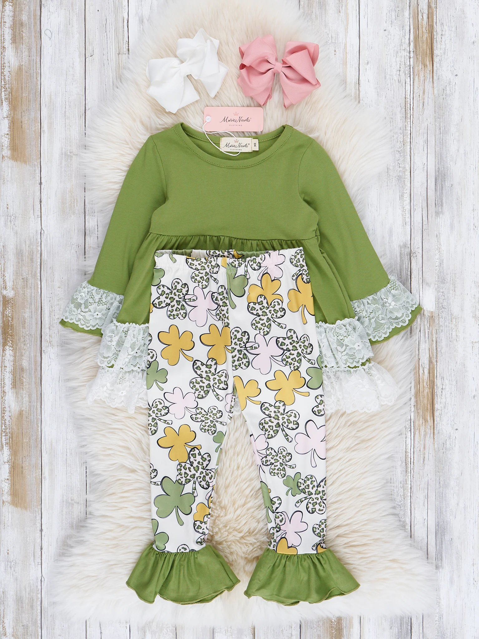 Lucky Pink & Green Clovers Lacy Ruffle Outfit - Image 3