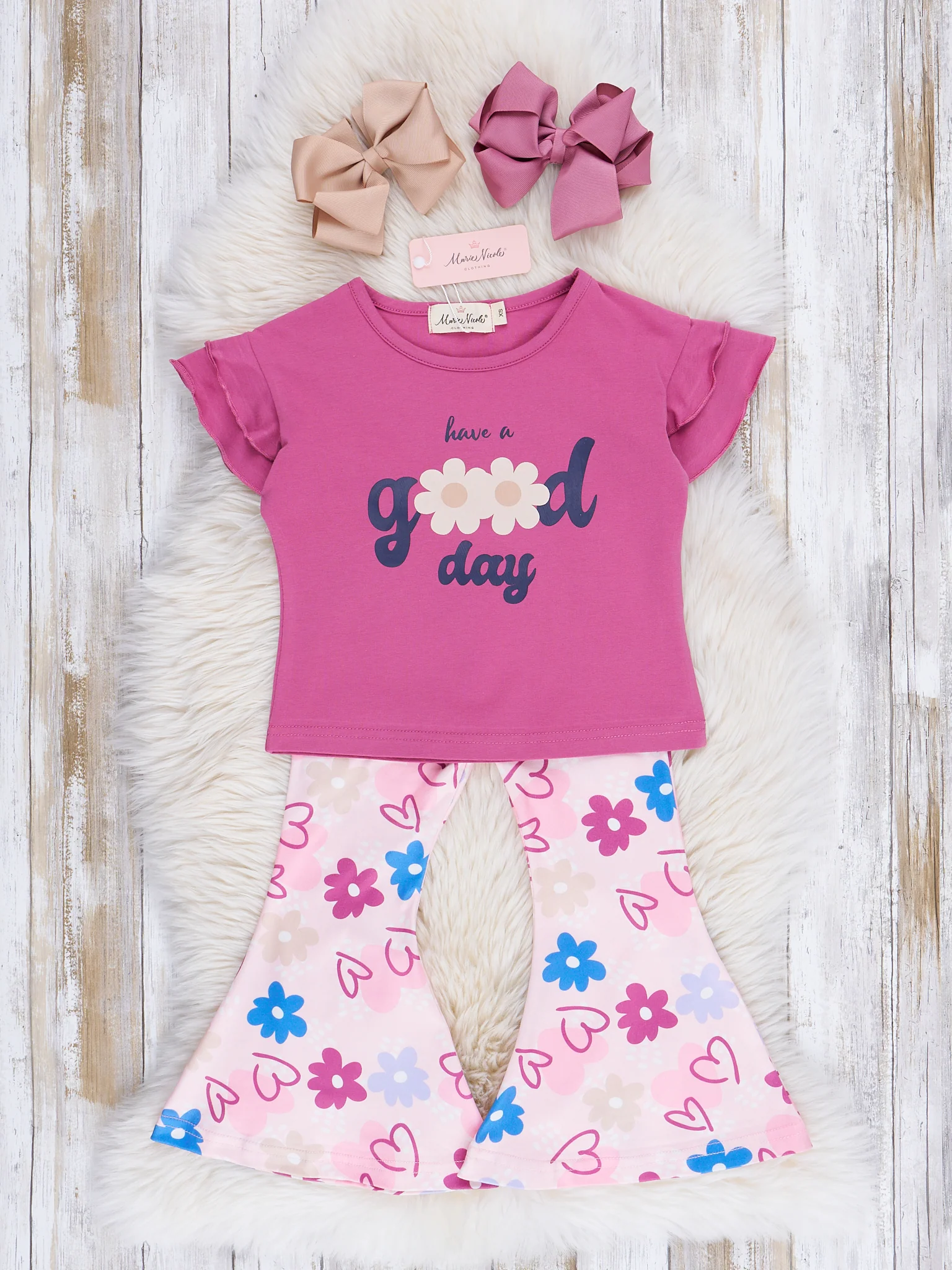 Magenta Flowers Good Day Bell Bottoms Outfit - Image 2
